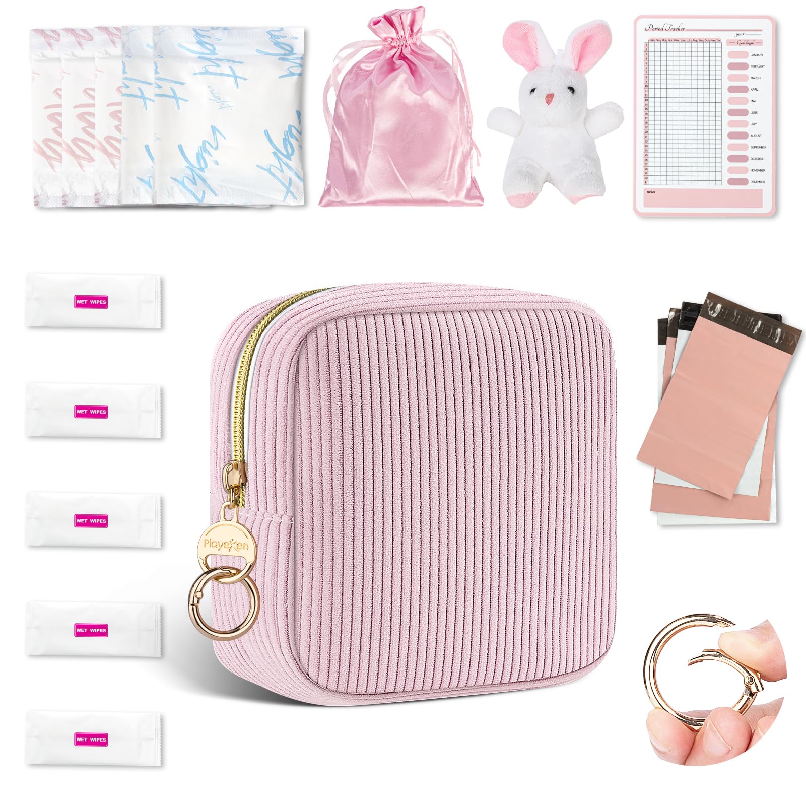 First Period kit for Girls, Corduroy Cute Sanitary Napkin Storage Bag, Menstrual Pad Bag Tampon Holder for Purse, First Period Gifts (Pink)