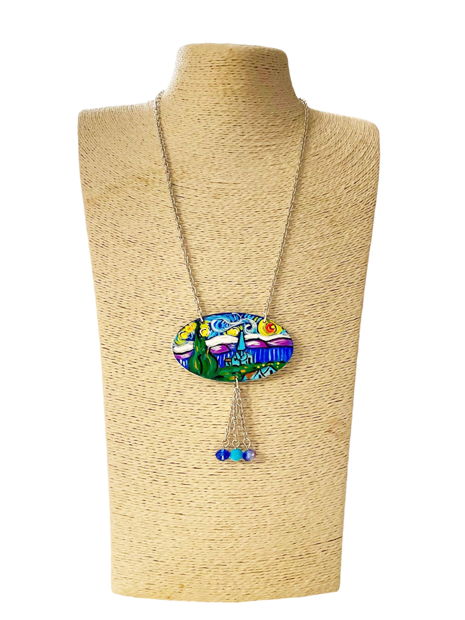 Collar con colgante pintado a mano – La noche estrellada, cuadro famoso – Collar con colgante pintado a mano, medallón de madera pintado a mano, joya elegante en madera totalmente pintada