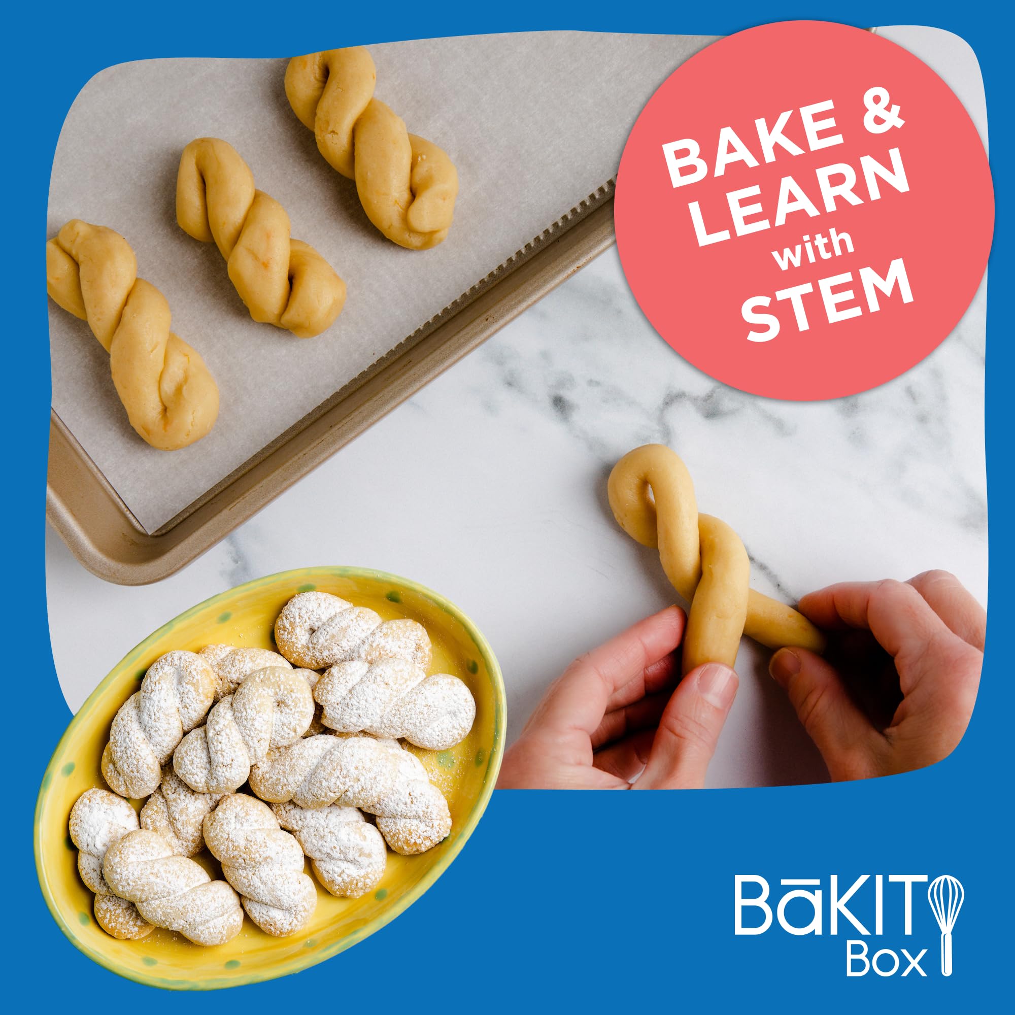 BāKIT Box Griechisches Koulourakia-Plätzchen-Set, Kinder-Backgeschenk mit gedrucktem Rezept und Aktivitätsanleitung, machen Sie griechische Twist-Kekse + Wörter und Symbole lernen