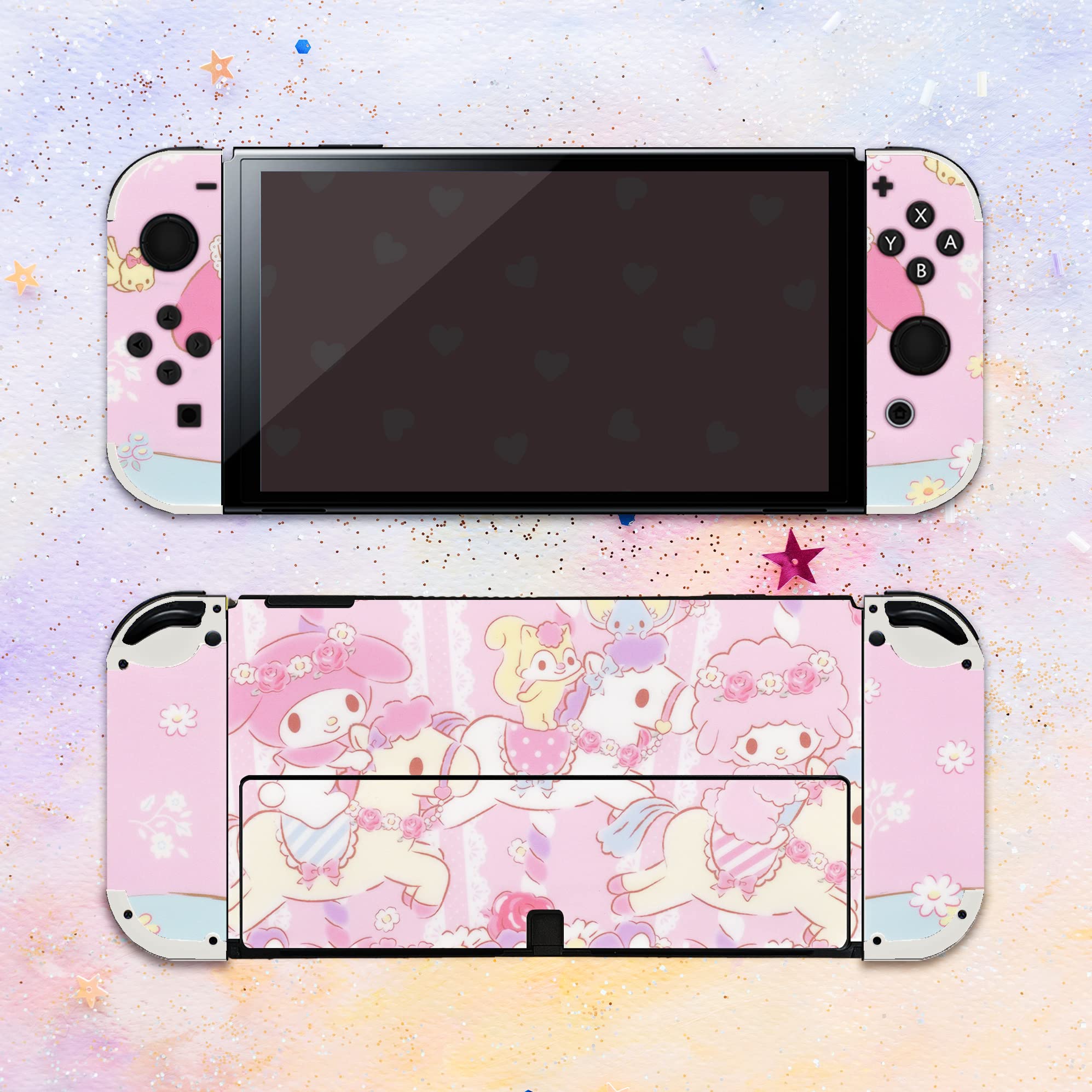BelugaDesign Hello Melody Skin | Joli autocollant mignon mignon Kawaii rose pastel Anime | Compatible avec console d'accueil Nintendo Switch OLED Joycon