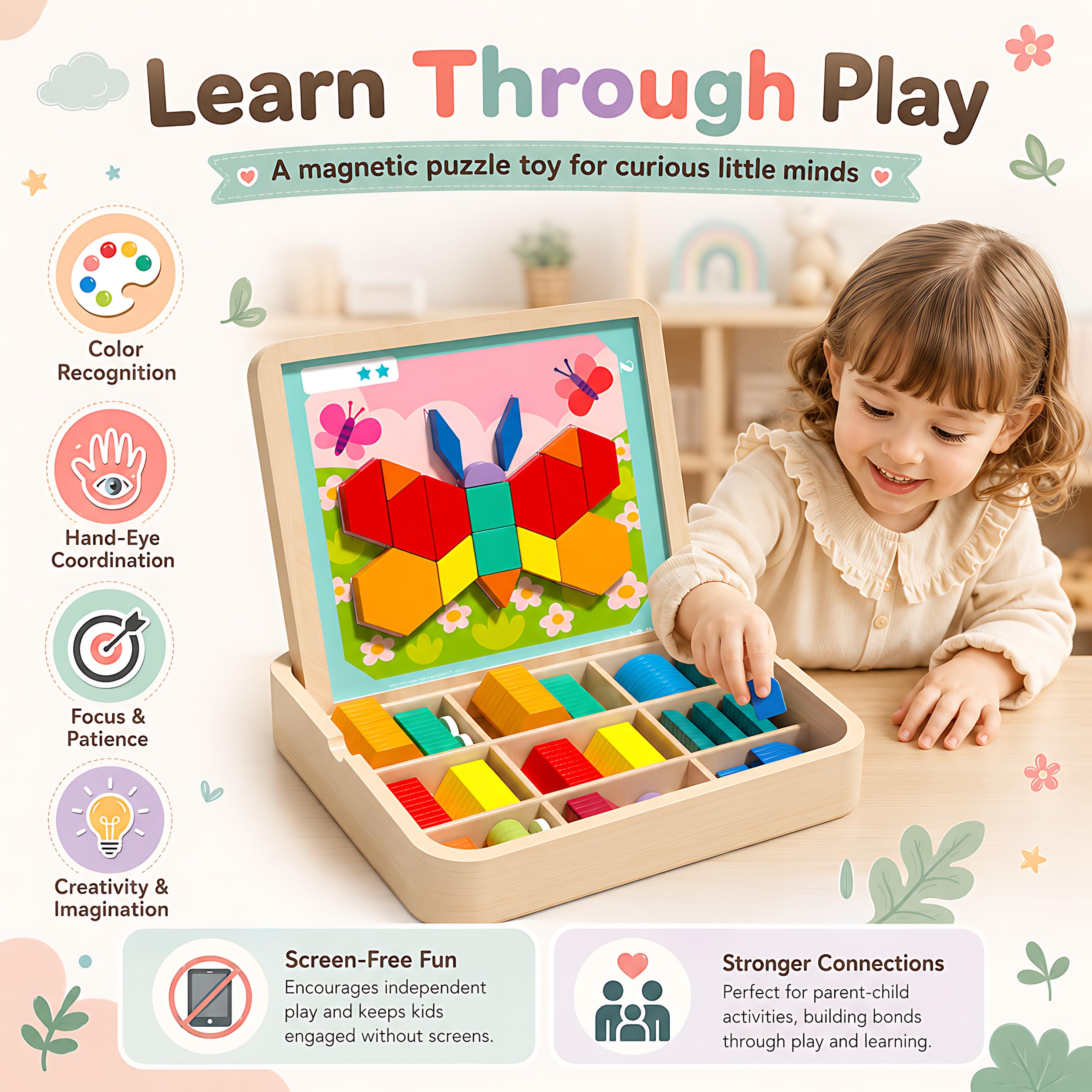 248-teiliges Holz-Magnetmusterblock-Set mit Karten, Stift und Aufbewahrungstasche, Montessori STEM Tangram Puzzle Spielzeug für Kleinkinder 4 5 6 7 8, pädagogisches Gehirn-Teaser-Geschenk für Jungen