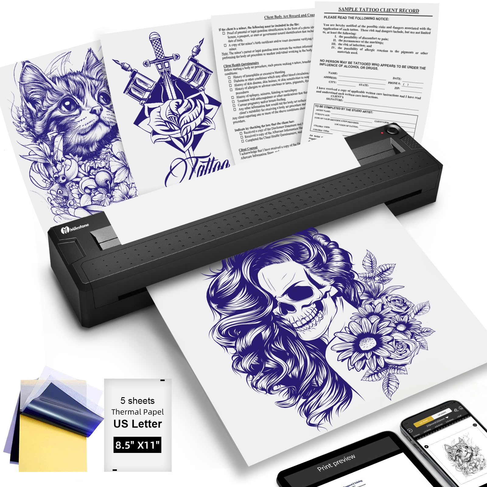 Milestone M9 Tattoo Stencil Printer, Wireless Bluetooth Thermal Portable Stencil Machine for Tattooing, Upgraded 2 in 1 Professional Tattoo Stencils &amp; Document Printer Compatible with iOS/Android/PC