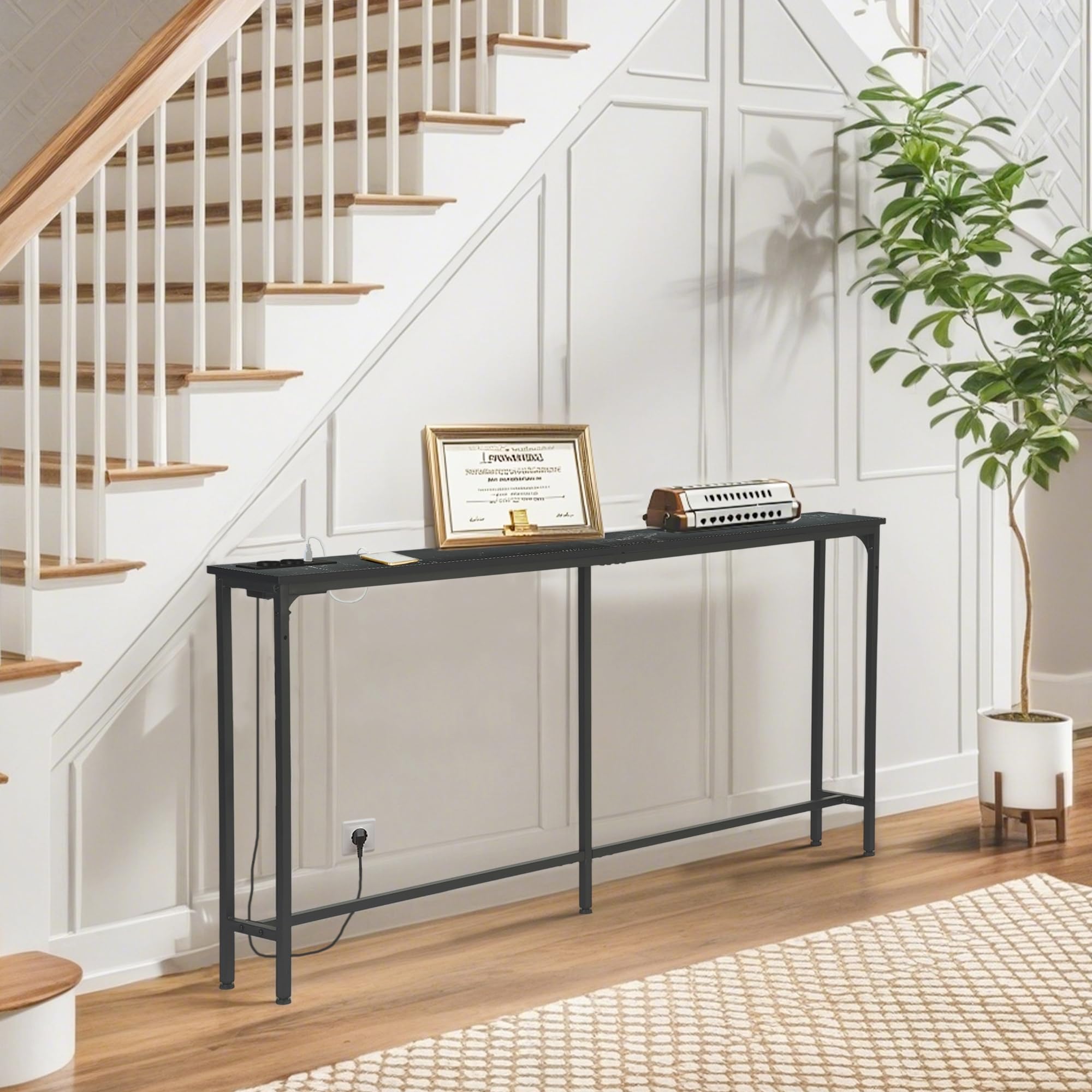 Konsolentisch mit 180 cm, 2 Steckdosen und 2 USB-Anschlüssen, Schmaler Eingangstisch im industriellen Stil, Hinter-dem-Sofa-Möbel für Wohnzimmer, Eingang, Flur, Halle, Faux-Marmor-Optik