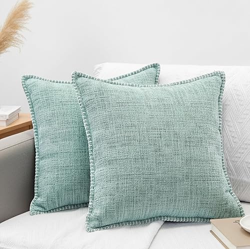 Juego de 2 fundas de almohada de felpilla texturizada de 22 x 22 pulgadas, color turquesa, con borde cosido decorativo, fundas de cojín cuadradas