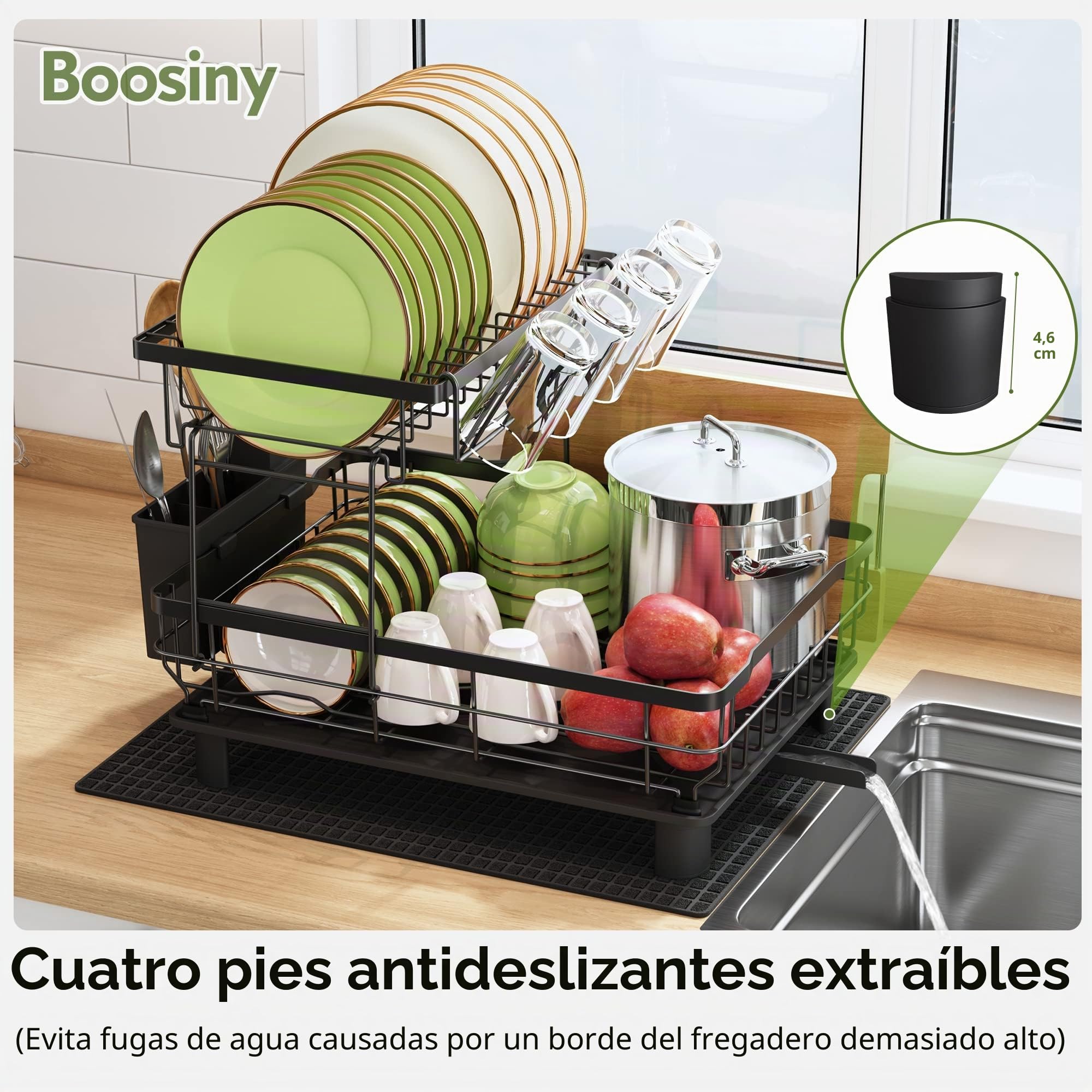 Boosiny Escurreplatos Acero Inoxidable con Drenaje, Escurridor de Platos Grande para Poner en encimera con desagüe Automático, Soporte para Utensilios, Tabla de Cortar, Portavasos, 2 Niveles, Negro