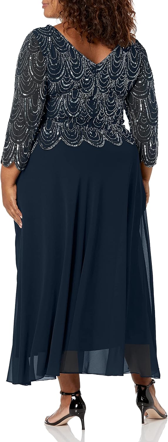 J Kara Womens 3/4 Sleeve with Scallop Beaded Pop Over Gown