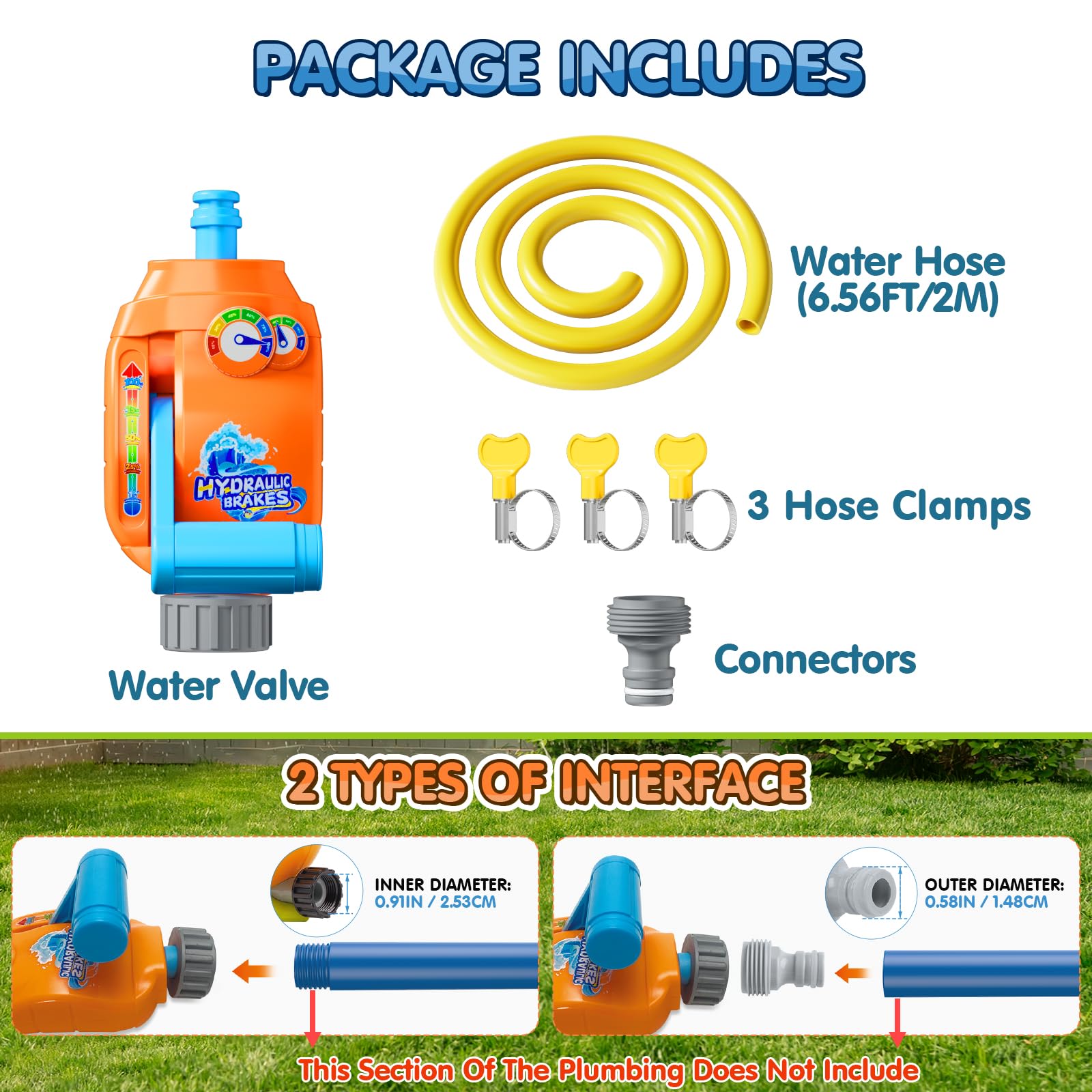 VATOS Warer Valve for Sprinkler Toy, Adjustable Control Water Flow/Pressure for Kids Splash Game, with 6.5FT/2M Hose, 3 Hose Clamps, Universal Connector | Compatible Summer Outdoor Water Sprinkler Toy