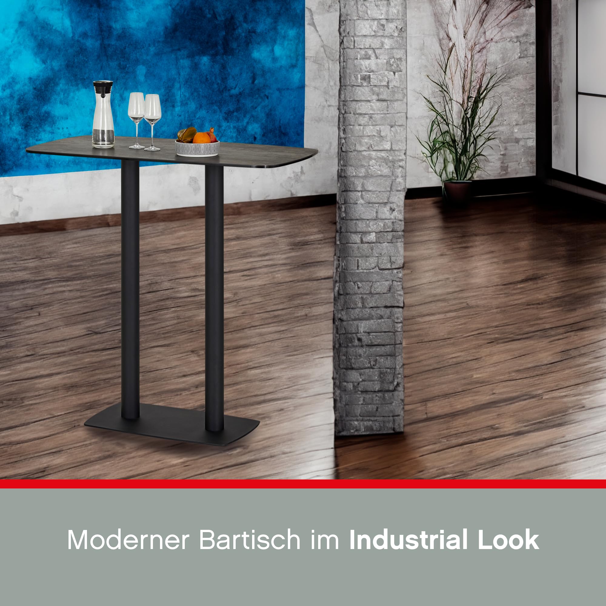 UNO Bartisch 120 x 65 x 105 cm Keramik Tischplatte Schwarz, Küchentisch, Küchentresen, rechteckiger Stehtisch, Säulengestell Eisen, UV Beständig, Fleckenresistent, pflegeleicht