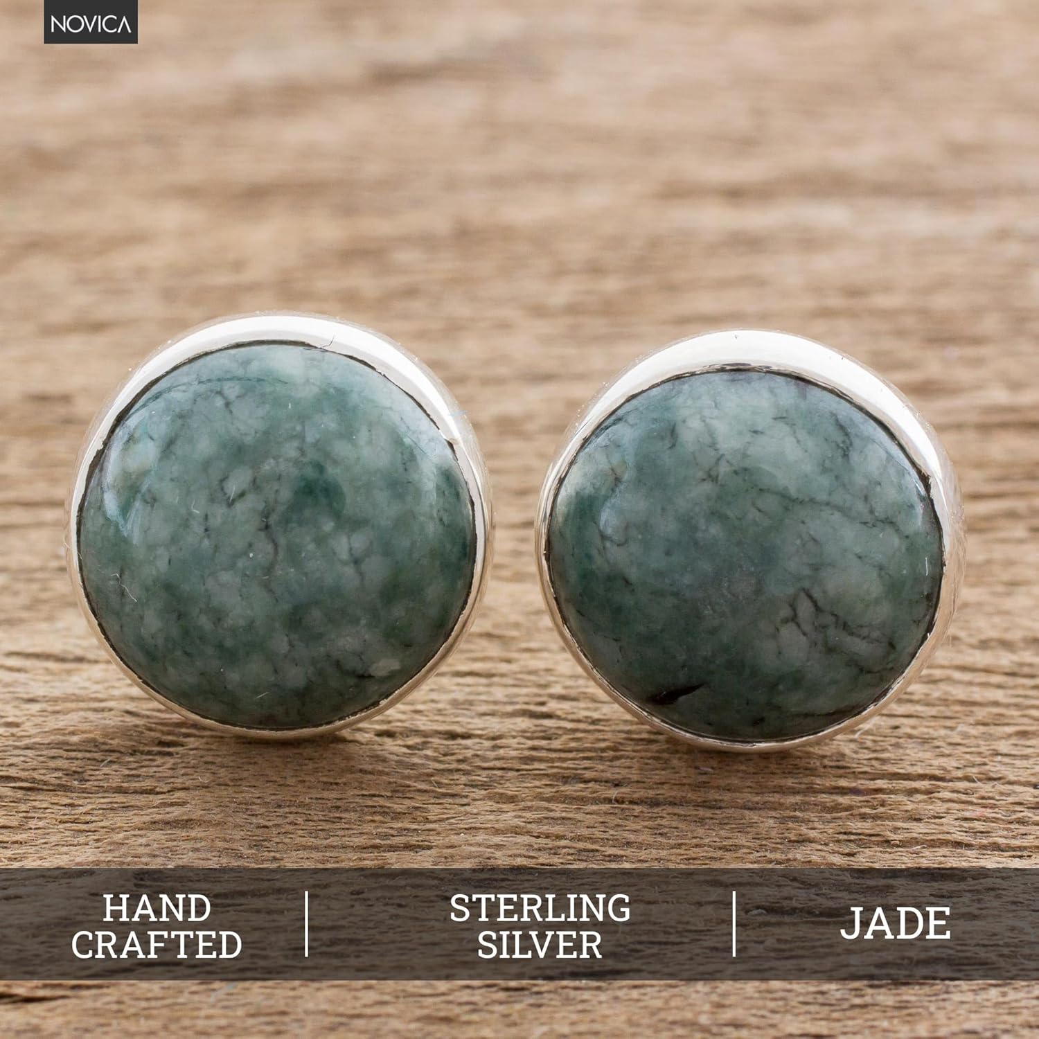 NOVICA Artisan Handmade Jade Stud Earrings Round Sterling Silver Green Button Guatemala [0.2 in H x 0.4 in Diam.] ' Harmonious Peace' - Image 2