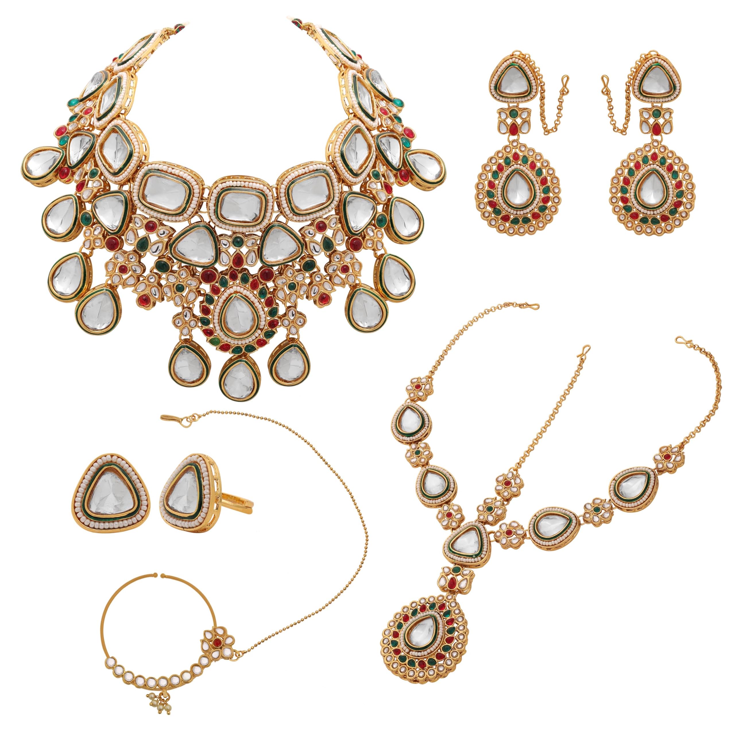 Wedding Collection, set girocollo da sposa placcato oro con pietra Kundan e Meena, per donne e ragazze, in metallo, senza pietre preziose