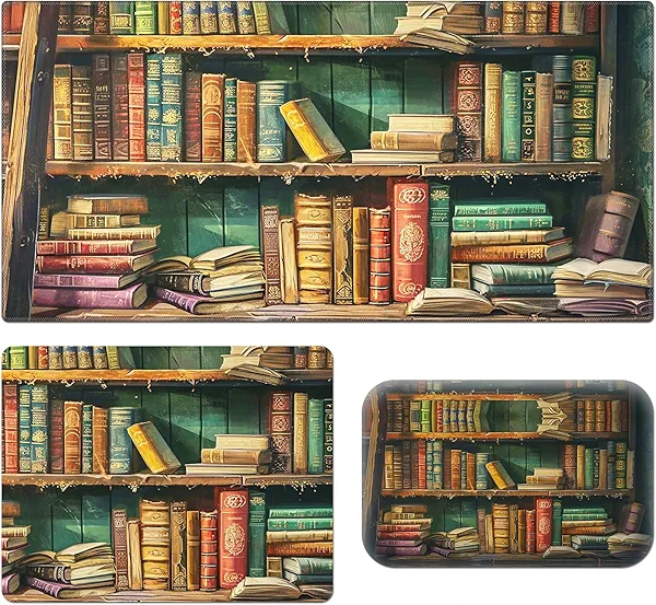 Ergonomic Desk Mat, Large & Small Mouse Pads + Wrist Rest, Anti-Slip, Memory Foam for Home Office Gaming (23.611.8in), Library Bookshelf