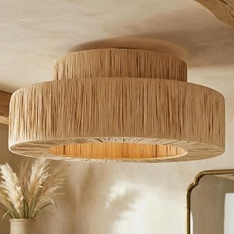 Maxax 18" Boho Ceiling Light Fixture, Rattan Flush Mount Ceiling Chandelier, Rustic Farmhouse Lighting Fixture, Double-Layer Lampshade, for Bedroom, Entryway, Hallway