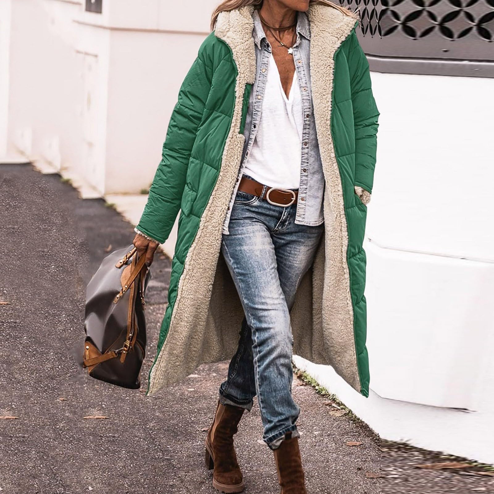 Generisch Cappotto invernale da donna, lungo, invernale, elegante, con imbottitura calda, con tasche, alla moda, con cerniera, piumino con cappuccio