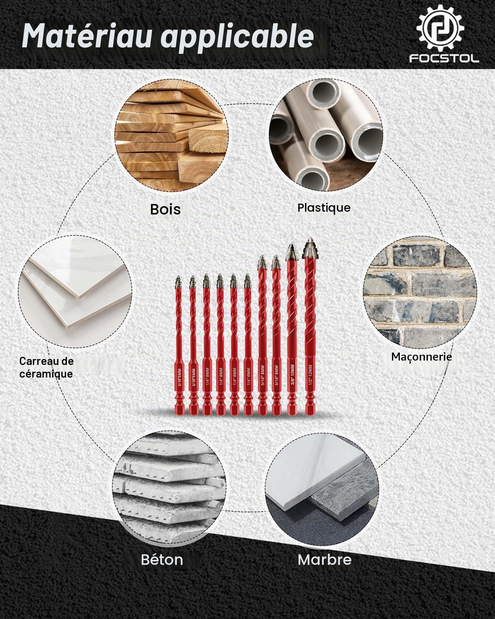 FOCSTOL Set de Foret Sec - 10 Pièces 5/6/8/10/12mm Foret Excentrique Dentelé avec Changement Rapide Tige Hexagonale pour Bois Plastique Maçonnerie Céramique Béton Marbre