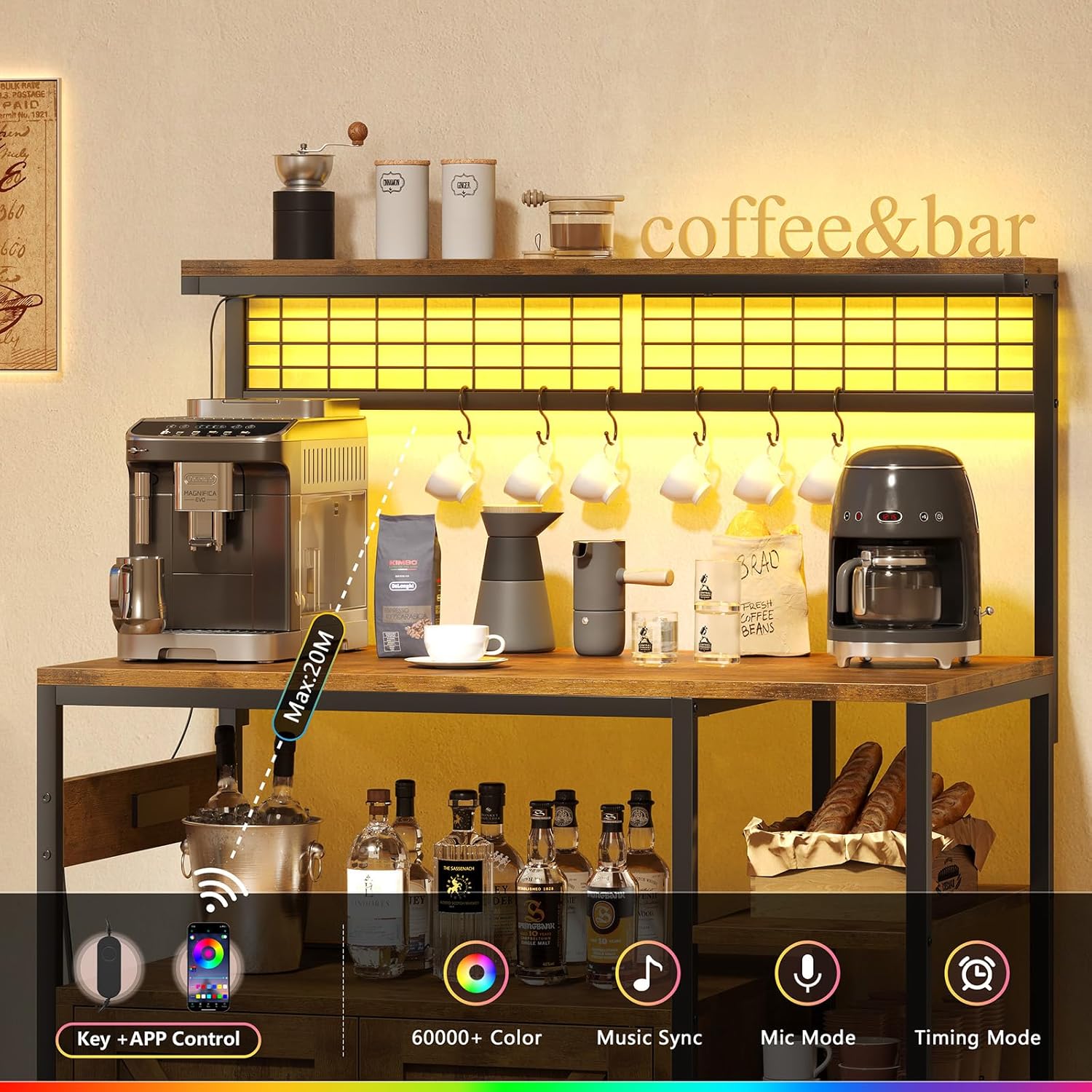 TVU Bakers Rack with Power Outlet and LED Light, Microwave Stand with Storage Cabinet, Coffee Bar Cabinet Station with 6 Hooks for Kitchen, Dining Room, Living Room, Coffee Bar, Rustic Brown, Black