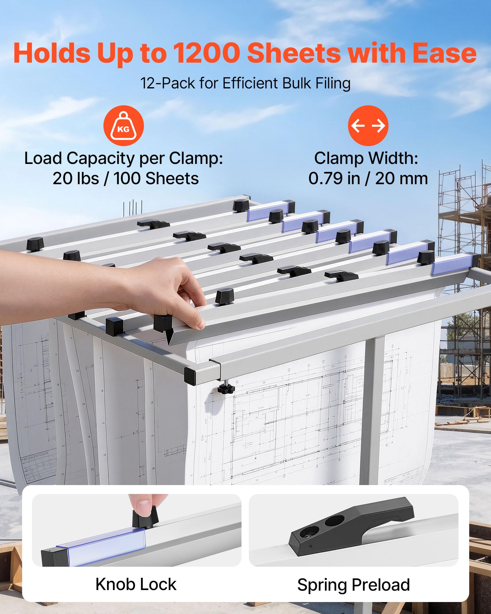 VEVOR Abrazaderas Colgantes para Planos, Ancho de 610 mm, Paquete de 12 Piezas, Tiras de Encuadernación, Estructura de Aluminio, Soporte de Almacenamiento para Planos de Ingeniería Carteles Dibujos