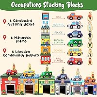 Vista 3 de Atoylink - Juguetes de clasificación y apilamiento para niños pequeños con autos magnéticos de madera y ayudantes comunitarios, bloques de números