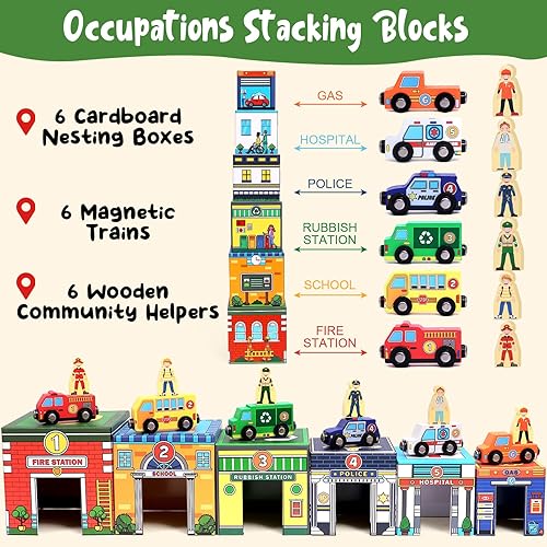 Miniatura 3 de Atoylink Juguetes de clasificación y apilamiento para niños pequeños con autos magnéticos de madera y ayudantes de la comunidad, bloques de números