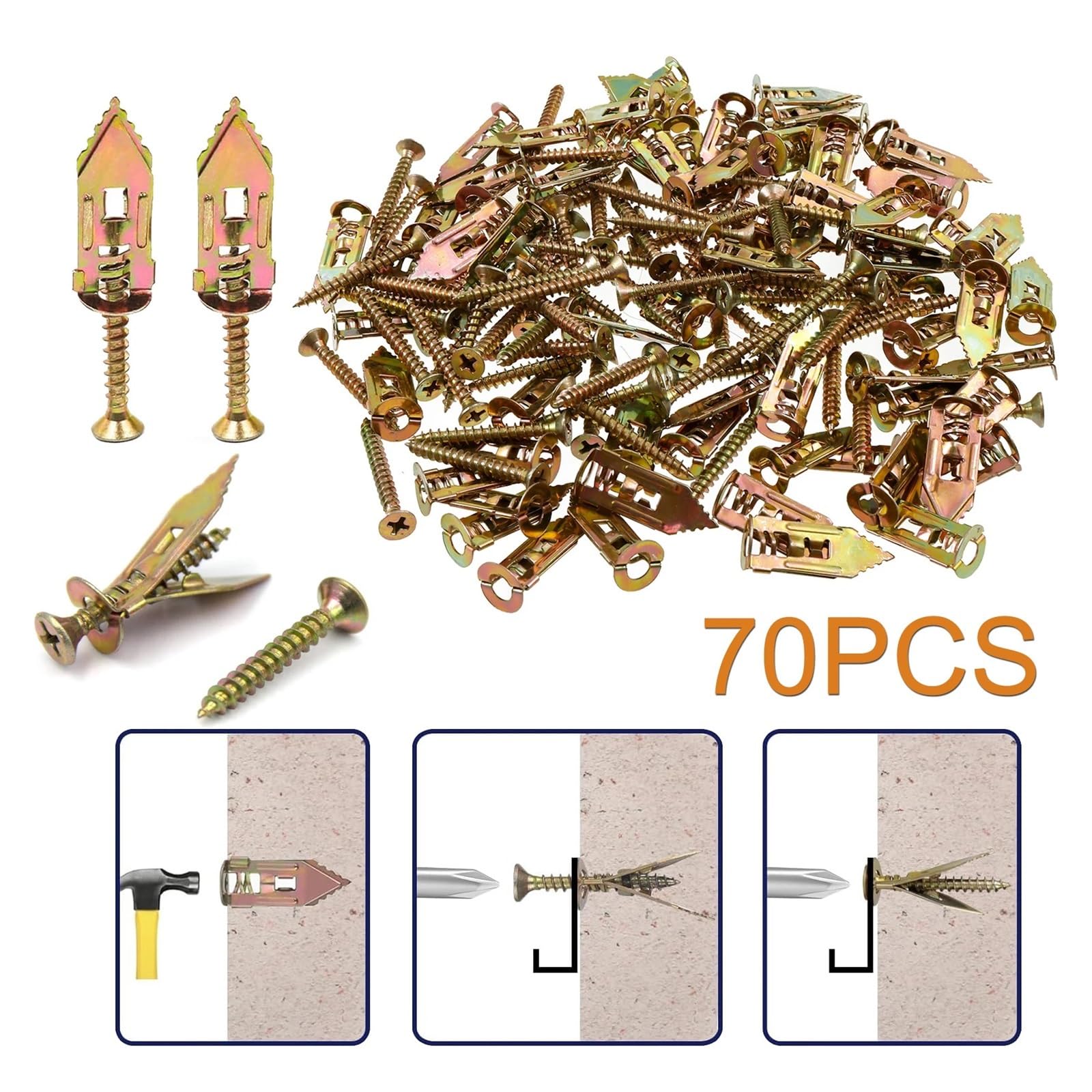 Kit de 70 anclajes autoperforantes for paneles de yeso con tornillos, sin taladro, de acero galvanizado, for estanterías, correas y decoración de gabinetes.