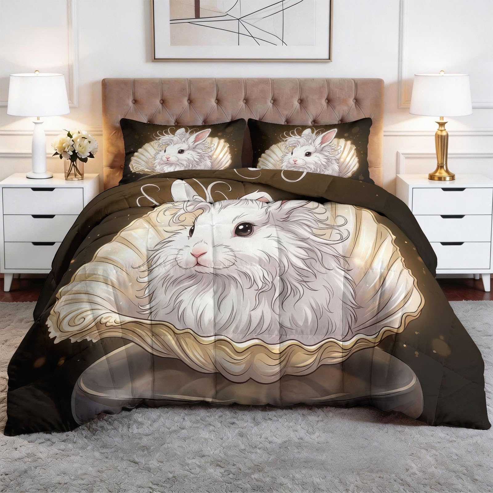 Piumone Invernale Matrimoniale 220 x 240 cm Fantasia Animali Coniglio Bianco Trapunta in Ecopiuma 400 gr/mq, Caldo ed Elegante – Biancheria da Letto Anallergica e Traspirante – Set 3 Pezzi, Beige