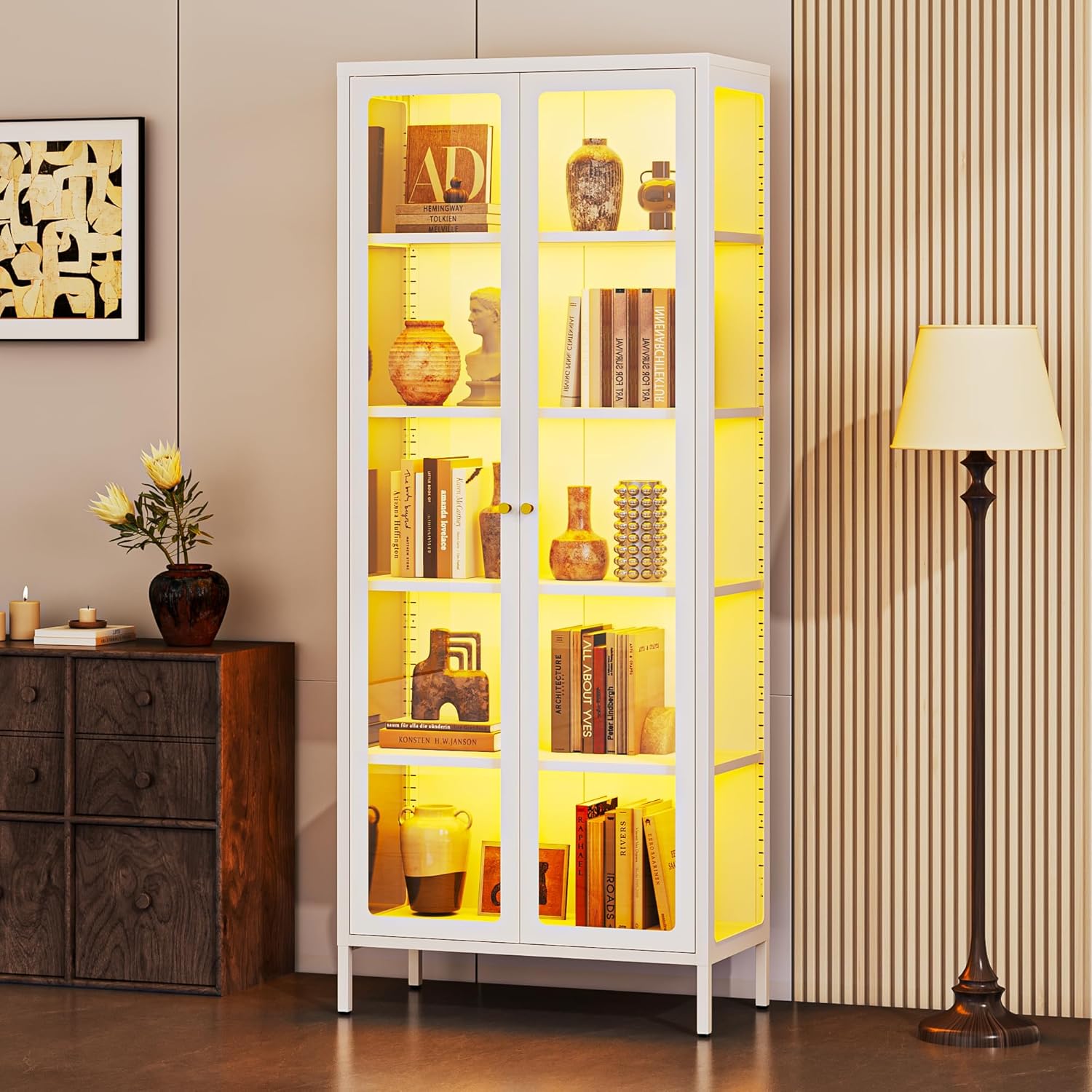 Lucky Monet 5-Tier Display Cabinet with 12 Color Lights & Glass Doors, 67" Lighted Curio Cabinet with Adjustable Shelves, Glass Metal Display Case for Collectibles Figures China (White)
