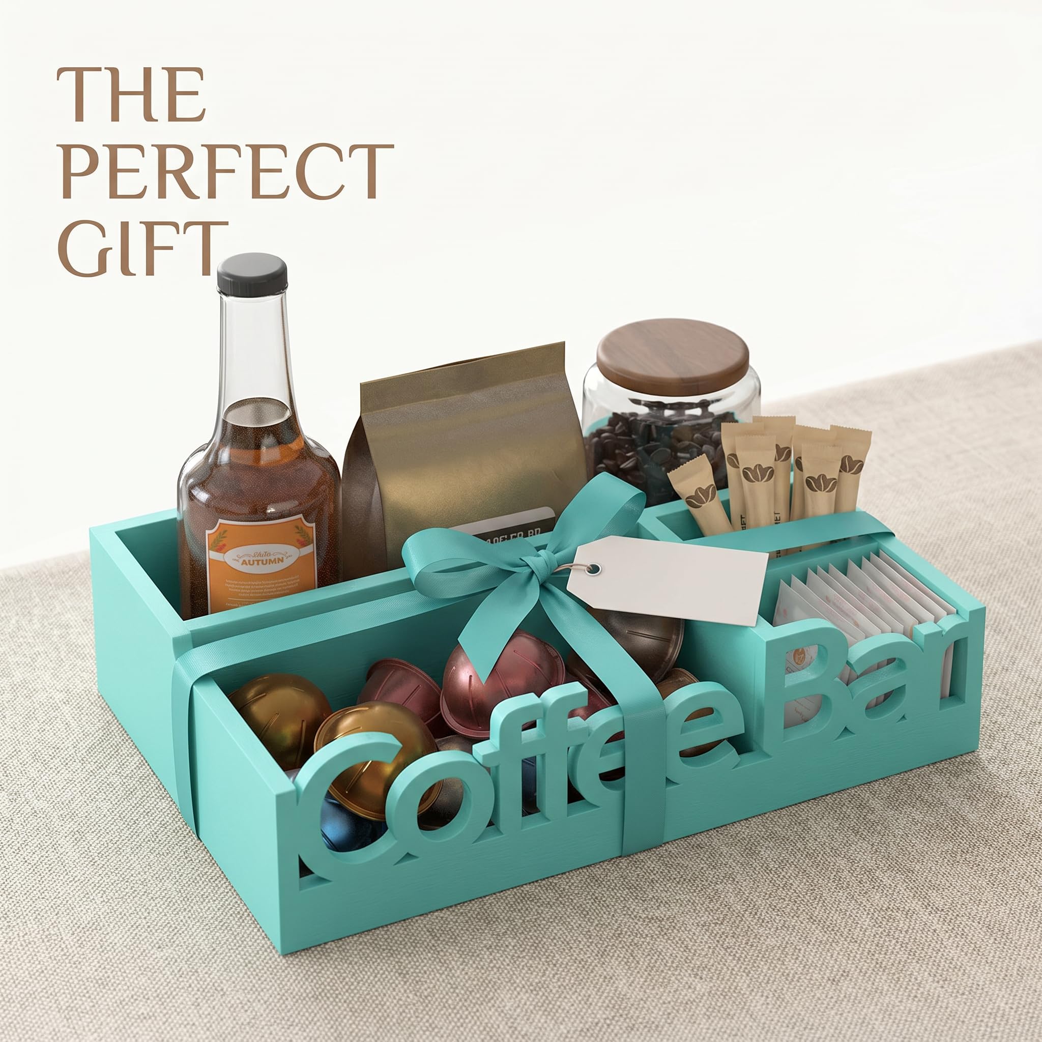 Organizador de barra de café, soporte de madera para cápsulas de café y organizador de condimentos | Cápsulas de café, paquetes de azúcar, varillas y tazas