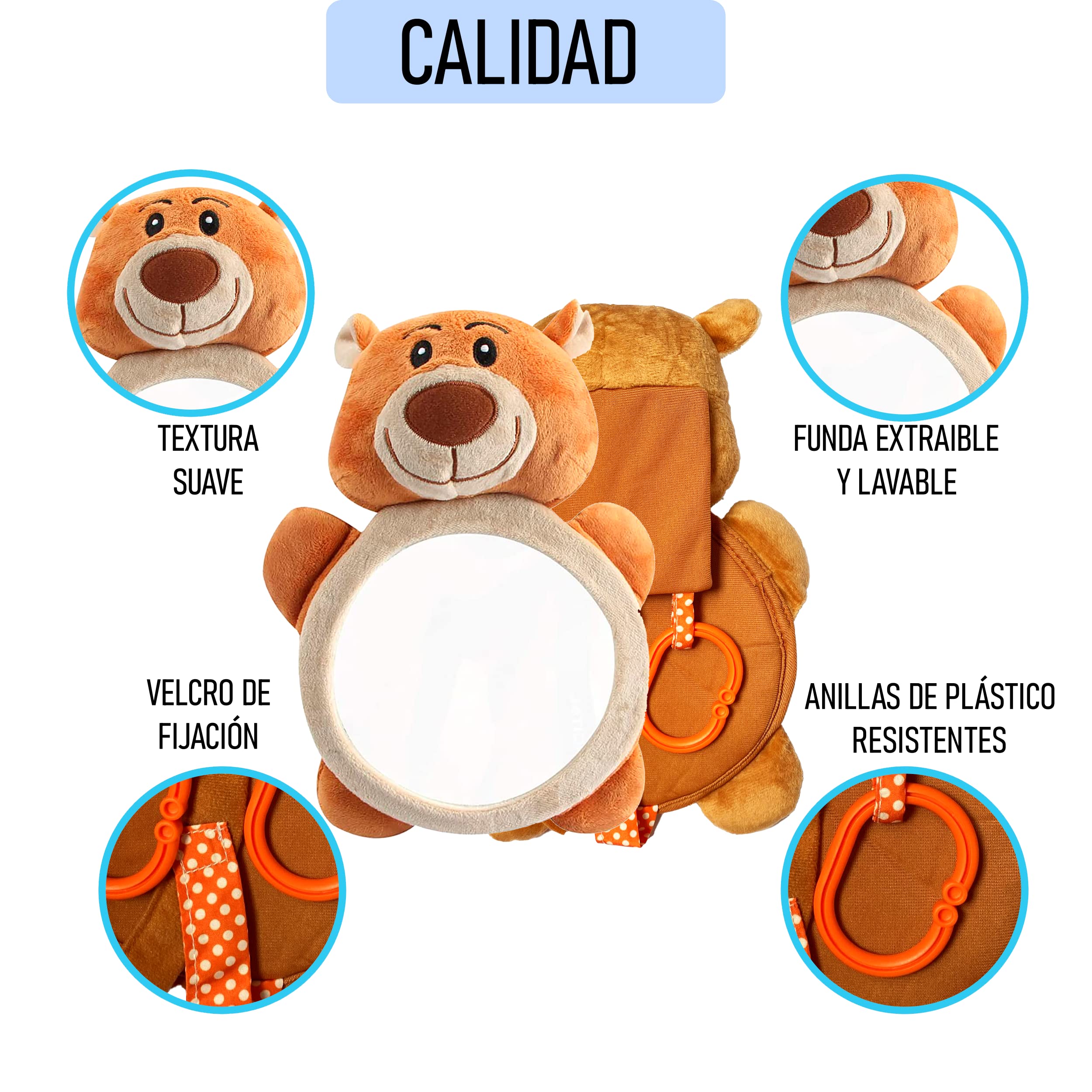 Espejo Coche Bebé Asiento Trasero de Osito de Peluche. Espejo Retrovisor de Bebé para los Asientos Traseros. Accesorio de Coche Universal. Seguro y Fácil de Instalar