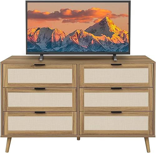Lyromix 6 cajones, soporte de TV ancho de madera para dormitorio, cómoda moderna de madera maciza de mediados de siglo con técnicas de manualidades