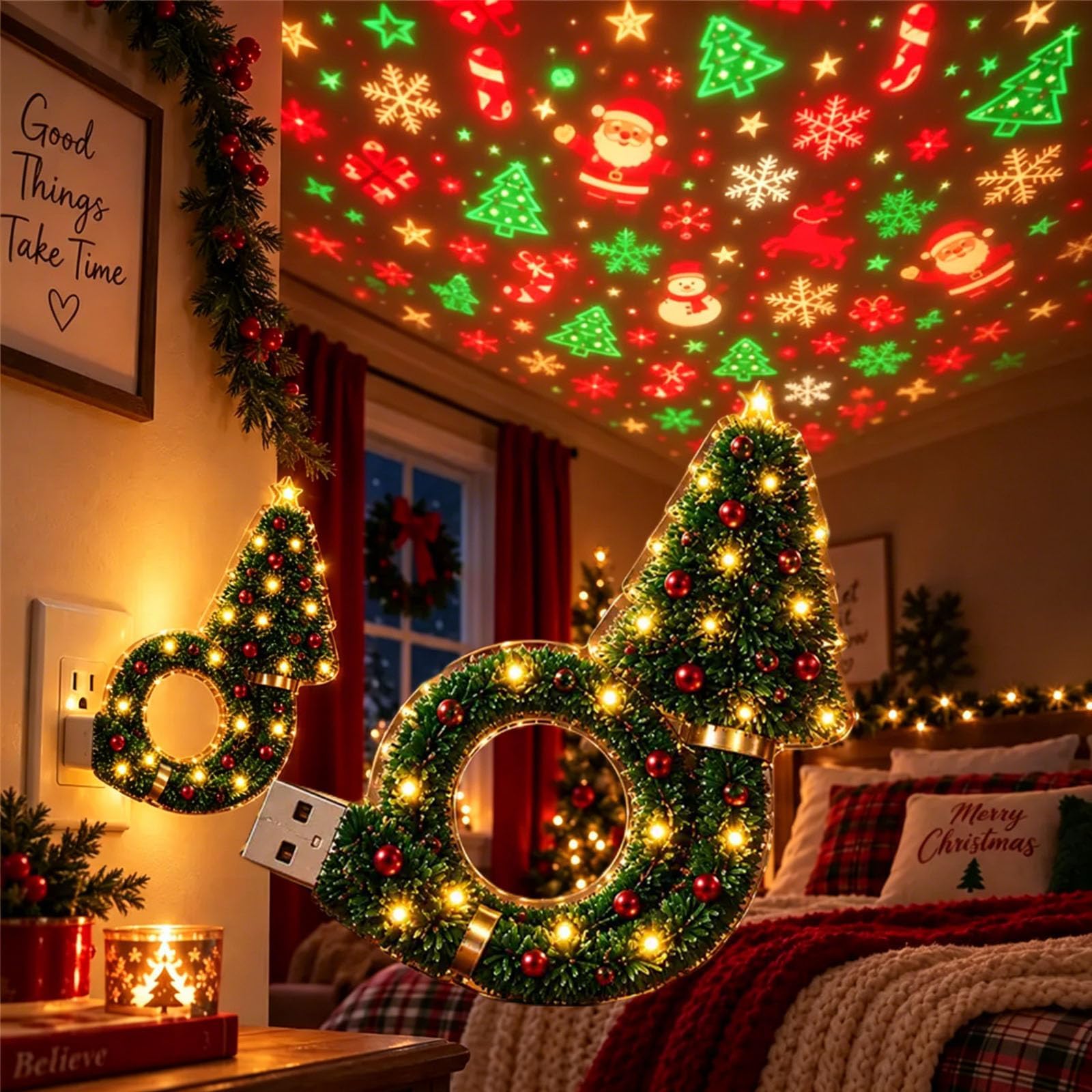 HD Smart Dynamic 5D Holographic Christmas Night Light Projector, Plug and Play HD Projector, USB Powered Christmas Night Light, Flexible Tree Lamp for Bedroom, Ceiling, Desk & Holiday Decor，1