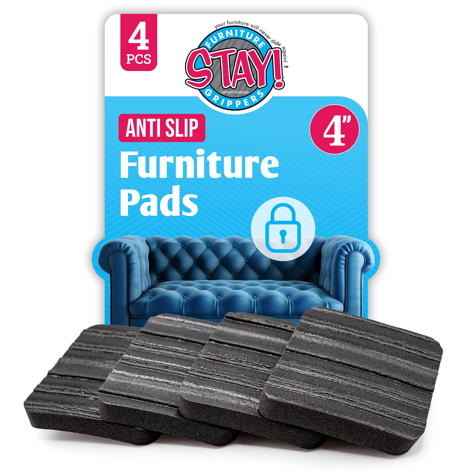 Stay! Furniture Grippers Evita que los muebles se deslicen sobre suelos de superficie dura, almohadillas protectoras y anti-deslizantes cuadradas, color negro