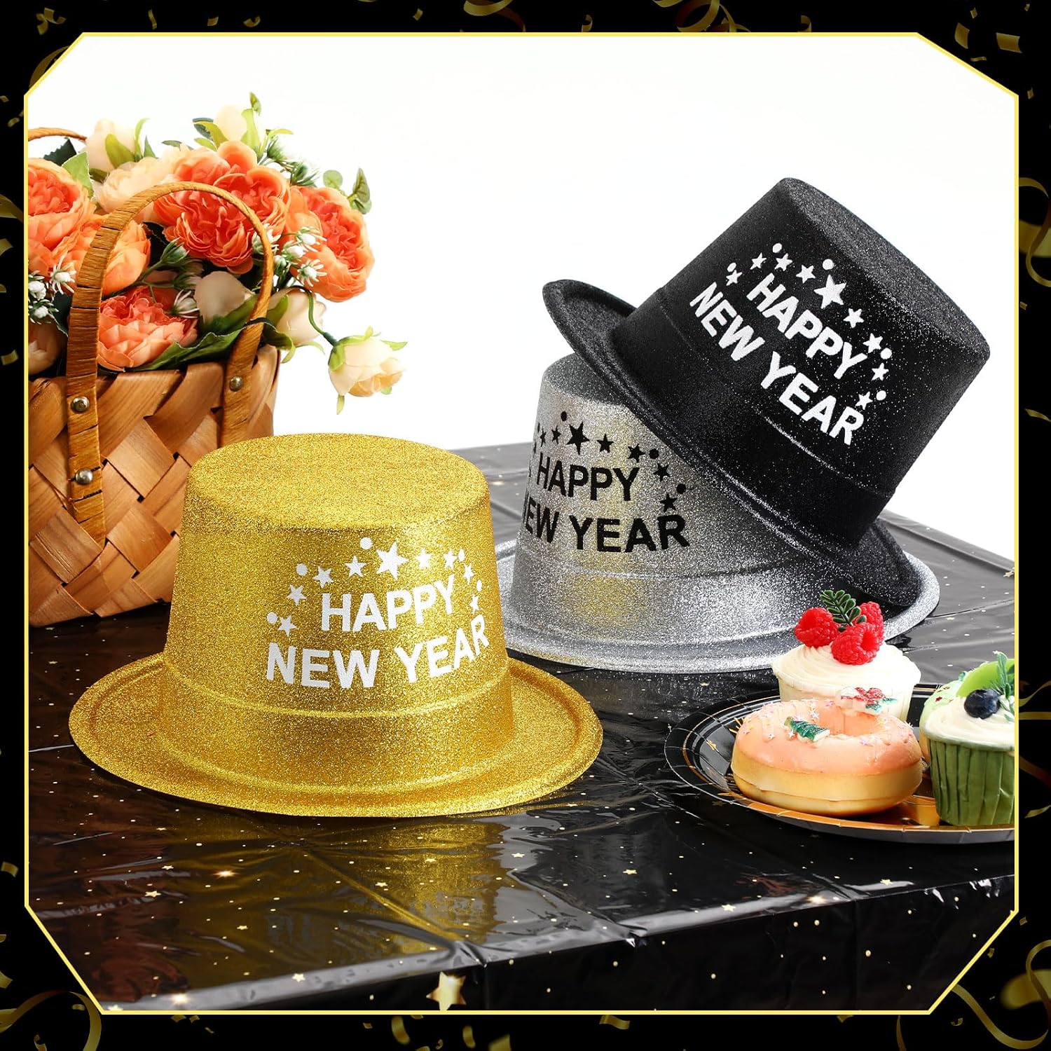 Poen 48 Pcs New Years 2026 Eve Party Supplies Included 24 Plastic Glitter Hats 24 Metallic Fringed Noise Makers for Happy New Year Decorations - Image 5