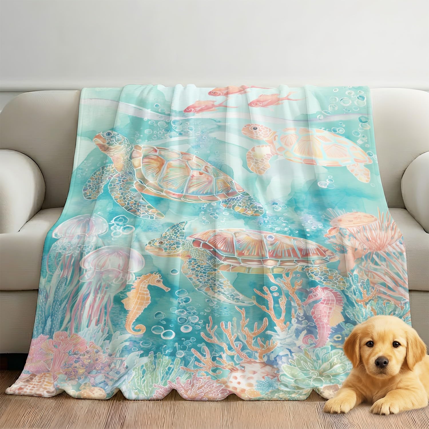 Koc dziecięcy do przytulania 150 cm x 180 cm, z fantazją, świeży, spokojny, elegancki, natura, podwodny świat zwierząt, polar, ciepły i miękki, flanelowy koc na łóżko, sofę, dla młodzieży