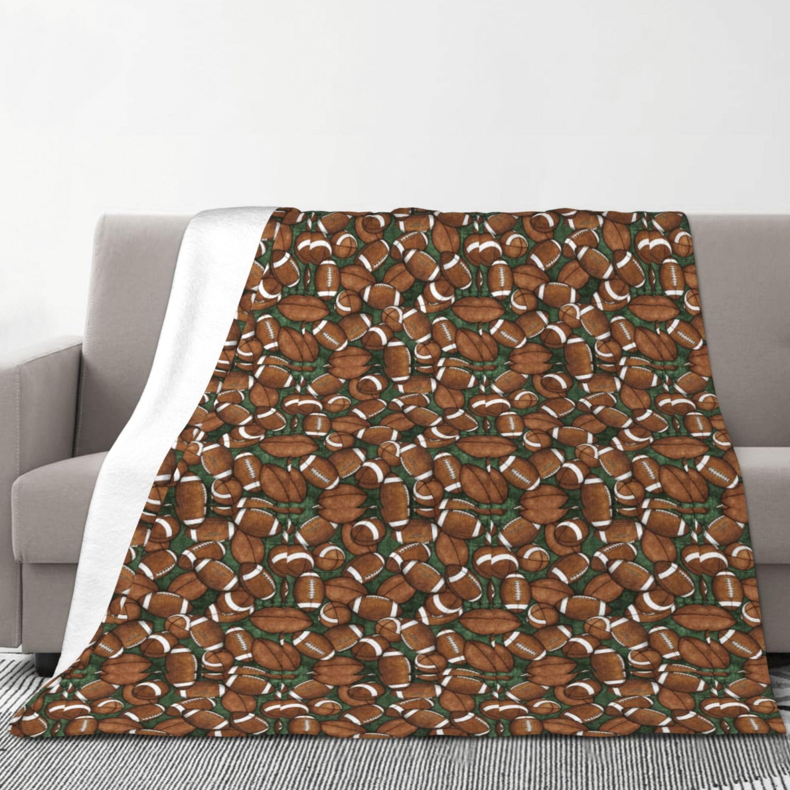 Couverture en flanelle imprimée vert football 178 x 203 cm, couverture d'hiver chaude pour camping ou voyage