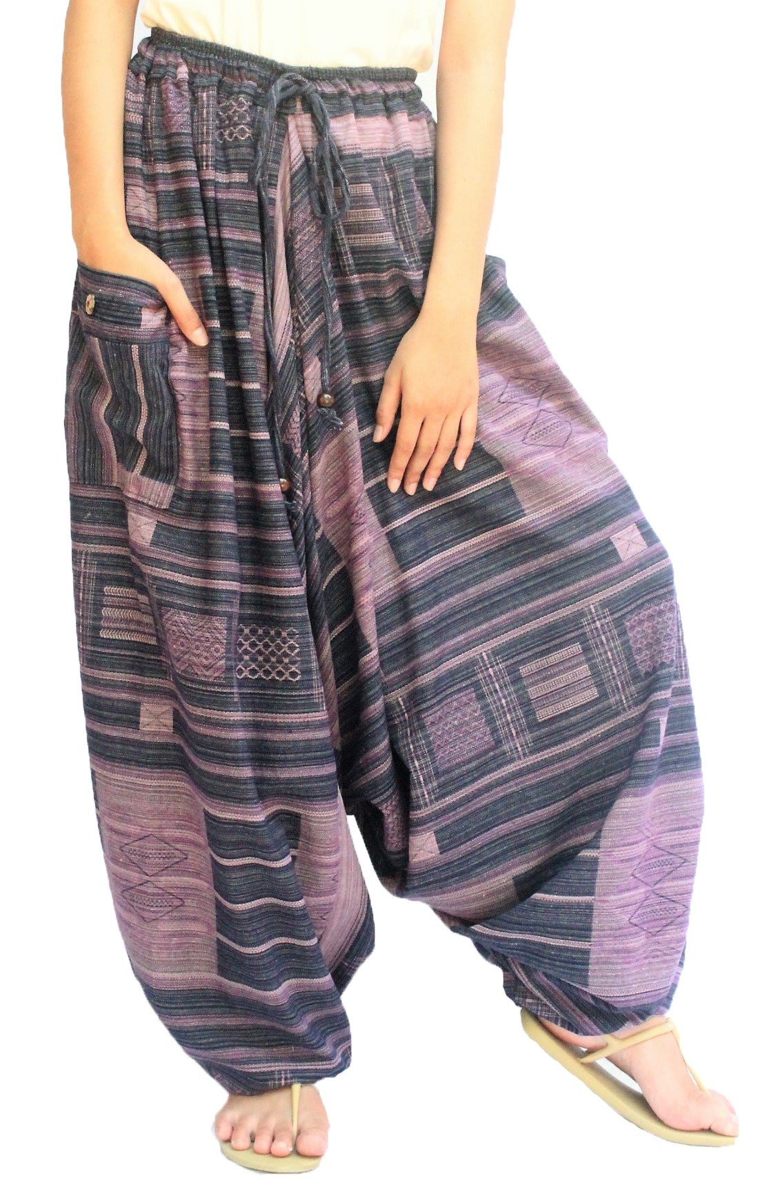 Wynnthaishop'100% Cotton Baggy Boho Aladin Yoga Harem Pants (S-XL for Waist for 26" - 42", Dark Blue-2)
