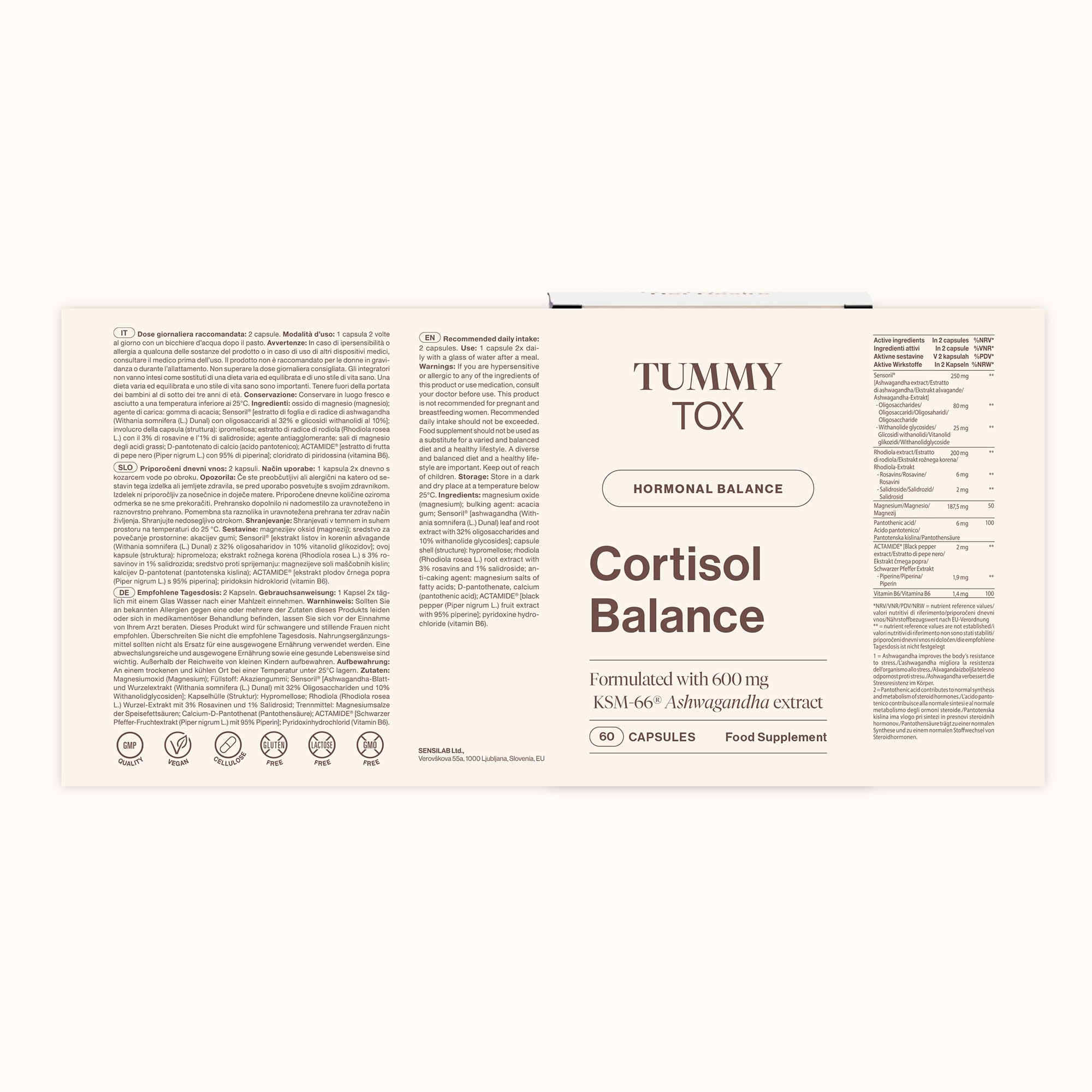 Cortisol Balance - 600 mg Ashwagandha KSM-66, Rodiola Rosea con Magnesio, Vitamina B6 e Vitamina B5-60 capsule, Tummy Tox