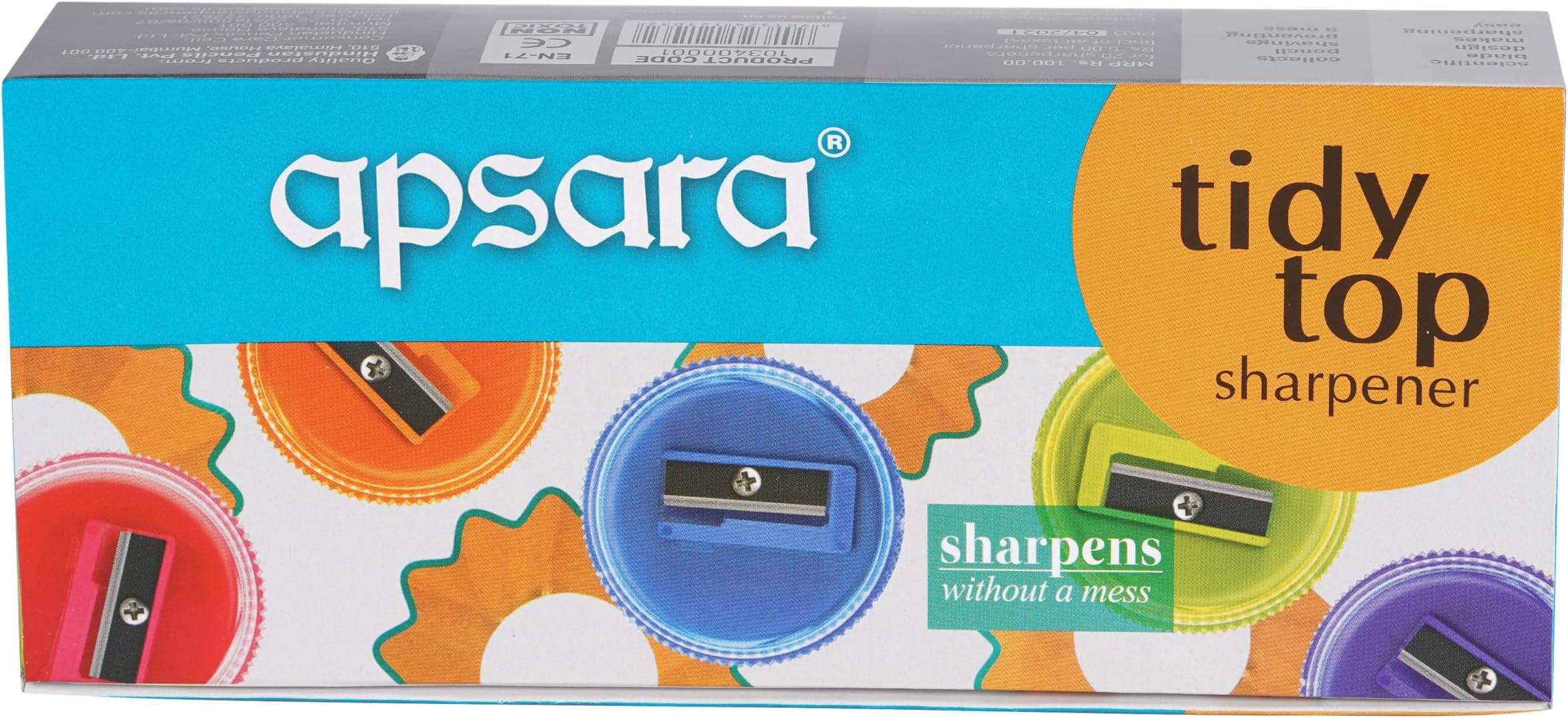 Apsara Tidy Top Sharpener | Round Shape | Mess-Free | Transparent Lid | Comfortable Grip for Easy Holding | Smooth Sharpening | Attractive Colours | Rust Free | Pack of 20 Sharpeners