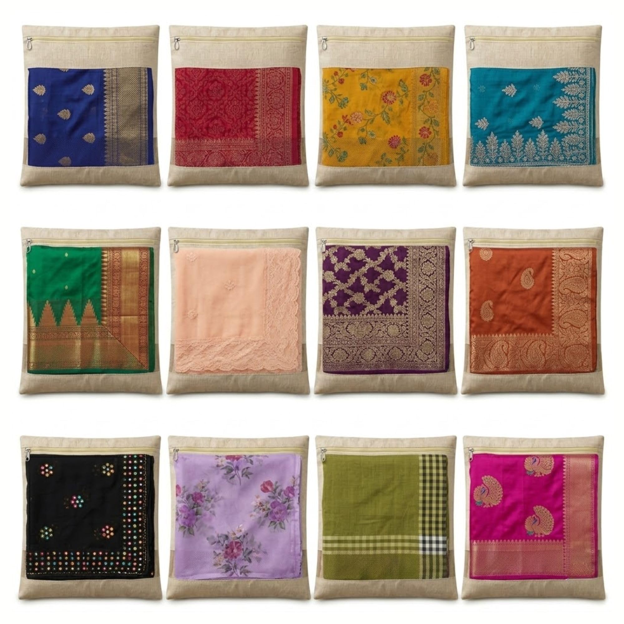 Cotton Saree Cover Bags Set of 12– Breathable Clothes Storage Organizer for Saree, Garments | Foldable Zip Wardrobe Bags with Transparent Mesh Window | Dustproof Closet & Travel Use 4
