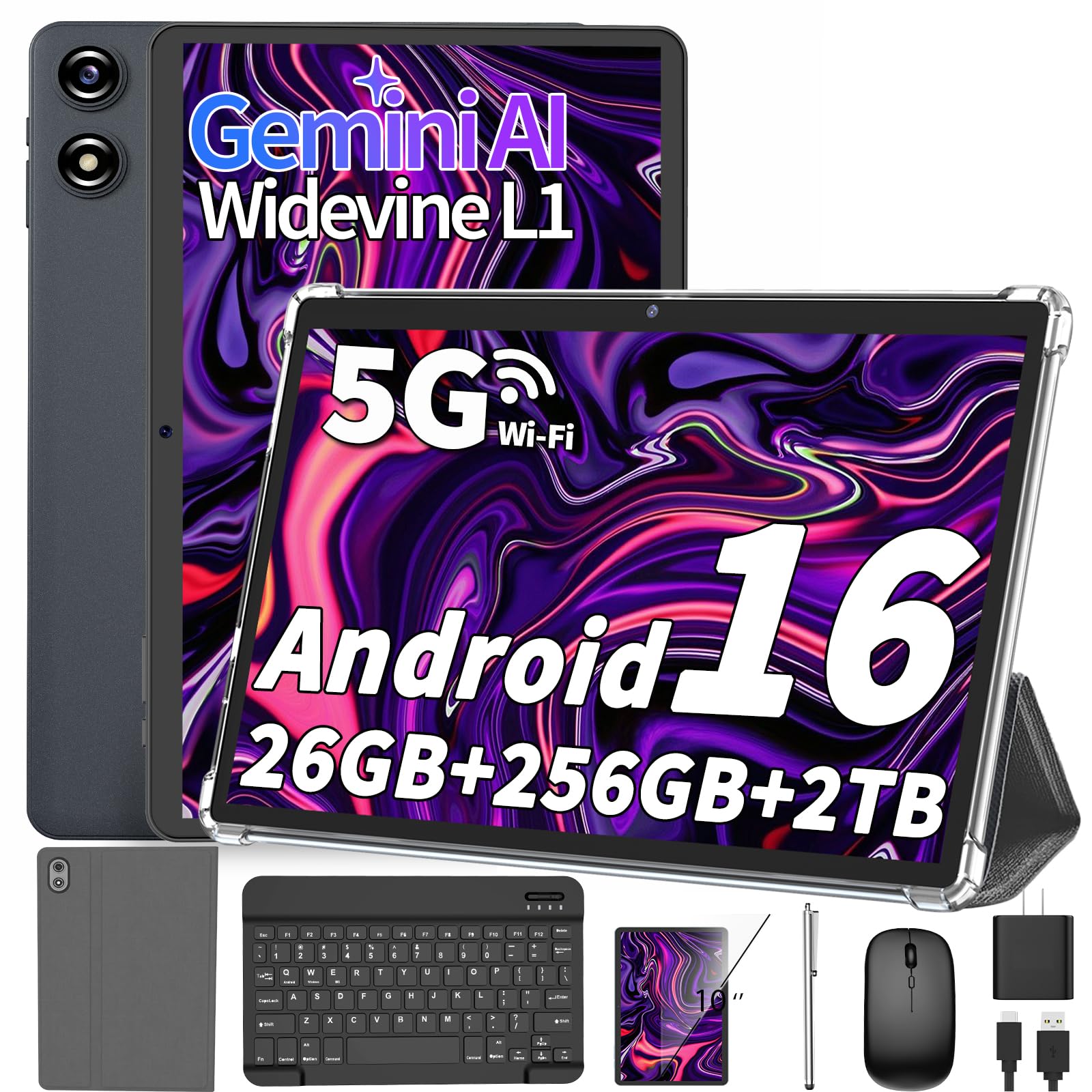2026 Android 16 Tablet with Keyboard - 10 inch Electronics Tablet (Silver)