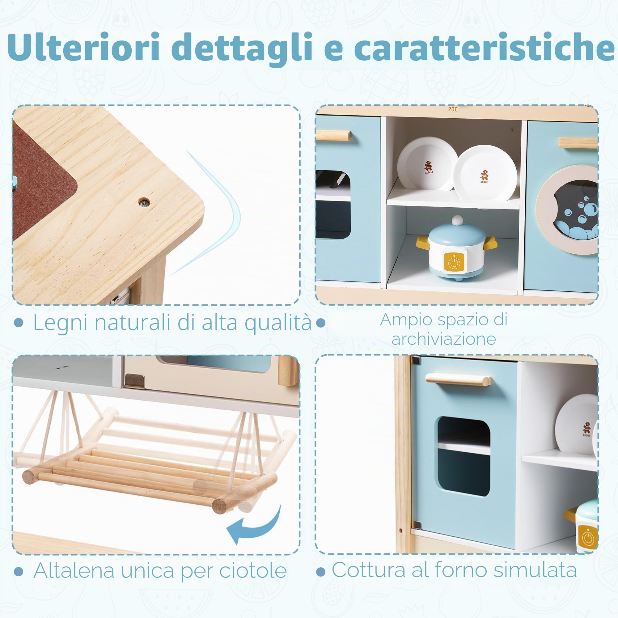 ROBUD Cucine da gioco in legno per bambini e bambini piccoli, accessori da cucina per bambole con forno a microonde, lavatrice, cuoci riso, stoviglie; regali dai 3 anni in su