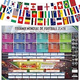 AhfuLife Guirlande de Fanions et Poster Calendrier Coupe du Monde de Football 2026 – 48 Drapeaux du Monde Bannière 14x21cm + Affiche Géant 100x70cm, Décoration pour Mondial 2026 (Français, HNEC)