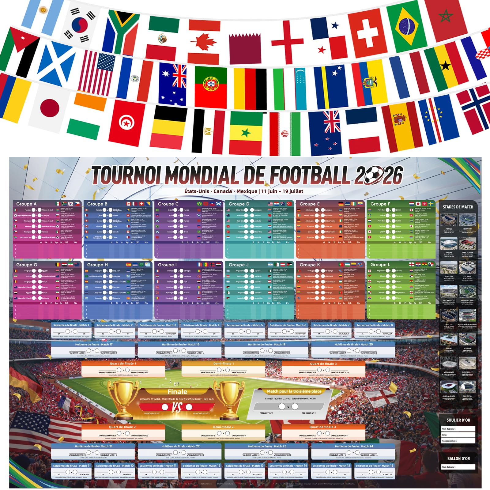 AhfuLife Guirlande de Fanions et Poster Calendrier Coupe du Monde de Football 2026 – 48 Drapeaux du Monde Bannière 14x21cm + Affiche Géant 100x70cm, Décoration pour Mondial 2026 (Français, HNEC) - 1