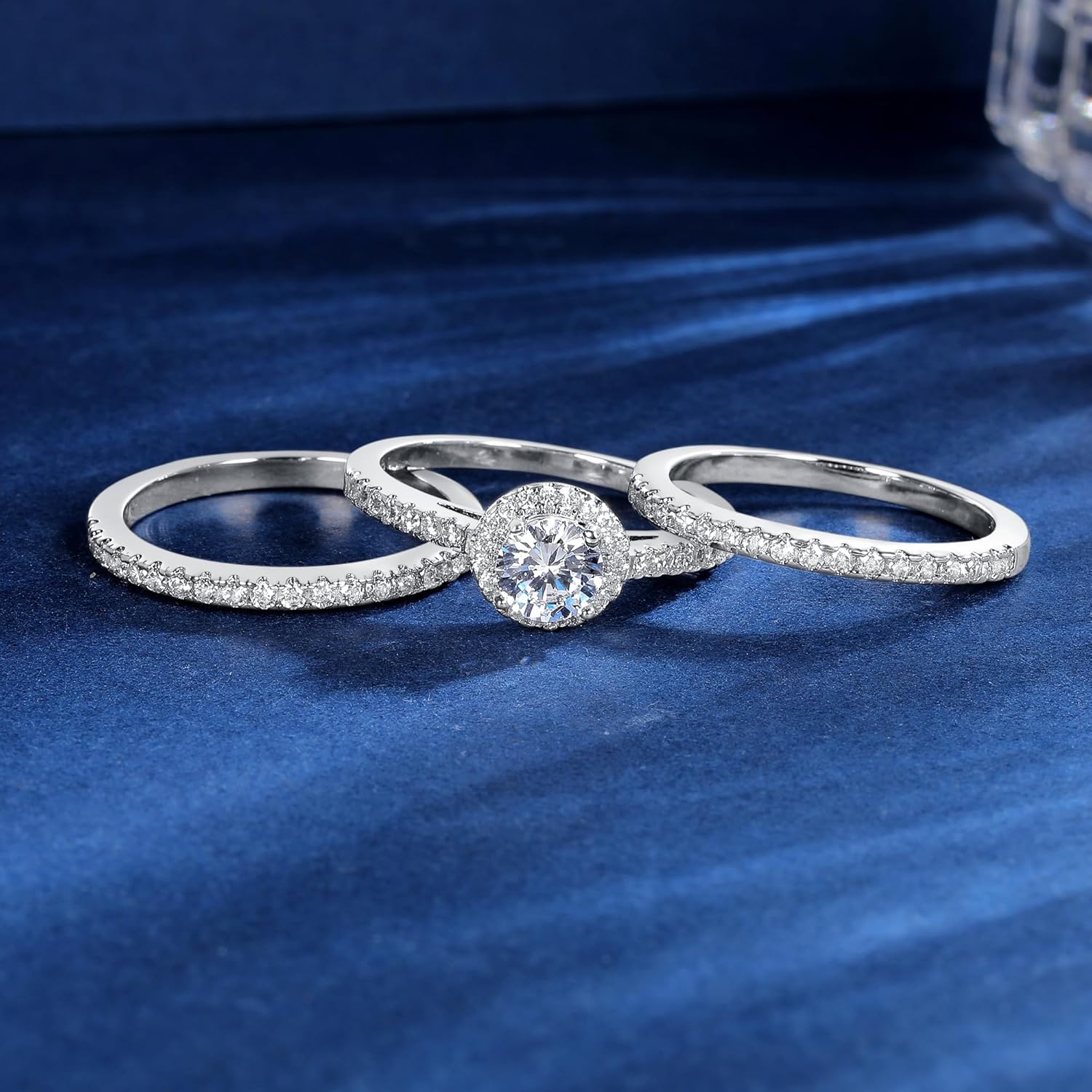 MDFUN Three-in-One Oval Halo Wedding Bands Set Engagement Rings 18K White Gold Plated Cubic Zirconia Promise Eternity Band for Women Size 5-10 - Image 3