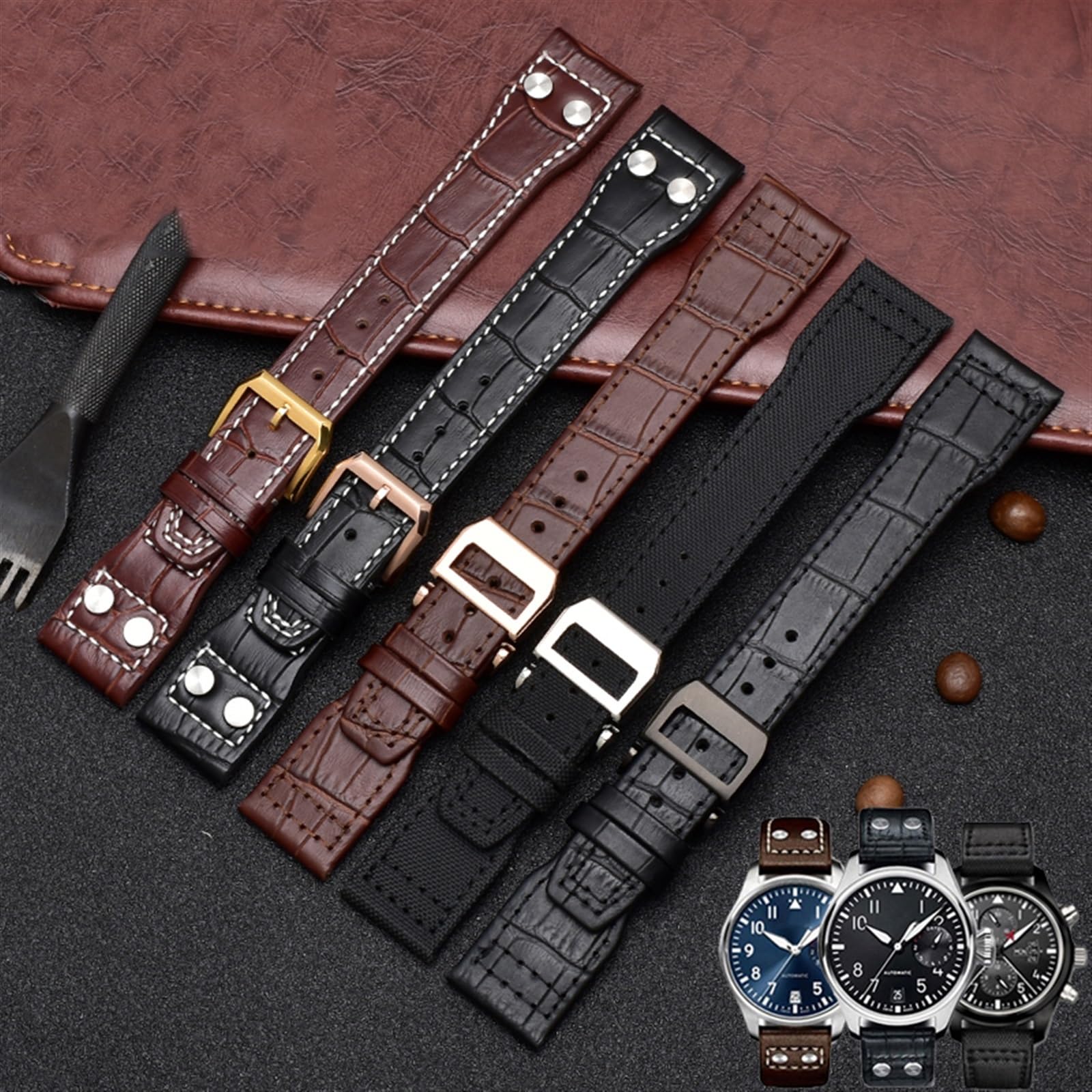 Bracelet de Montre à Rivets en Nylon et Cuir véritable de 22 mm, pour Montre de Pilote IWC Big IW5009, Bracelet en Cuir de Vache