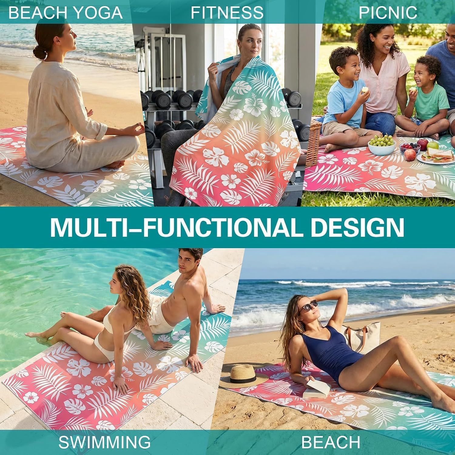 Oversized Beach Towel Thin, Pink Teal Hawaiian Flowers Floral Pool Towel, Large Lightweight Sand Resistant Quick Dry Soft Swim Absorbent Compat Towels for Adult Summer Swim Camping Travel, 35"x71"