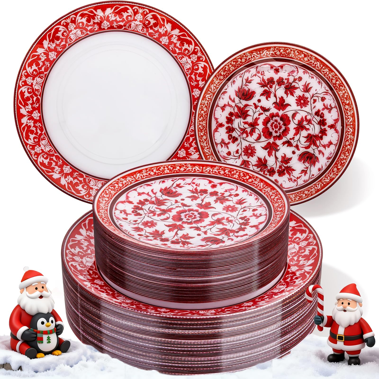 Hioasis 60pcs Red Plastic Plates Set - Floral Red & White Porcelain Design, 10.25" Dinner & 7.5" Dessert Plates Disposable for Christmas (Dishwasher Safe, Art Style)