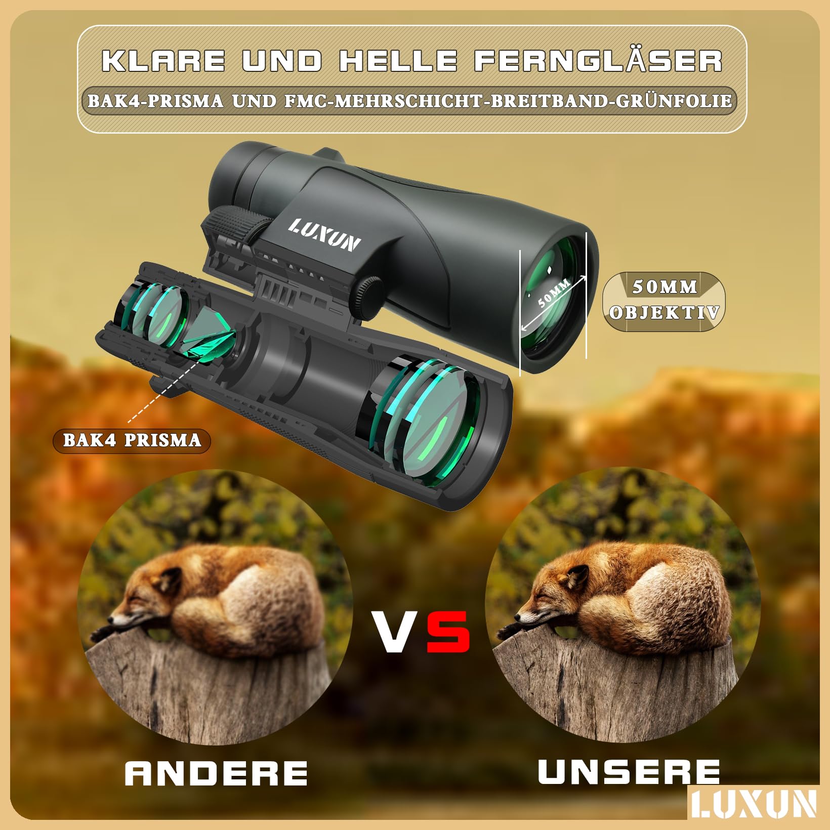 LUXUN 12x50 HD Fernglas für Erwachsene, Fernglas mit Smartphone Adapter Tragetasche, 20mm großes Okular Jagdfernglas mit FMC Beschichtung & Premium BAK4 Prismenobjektiv
