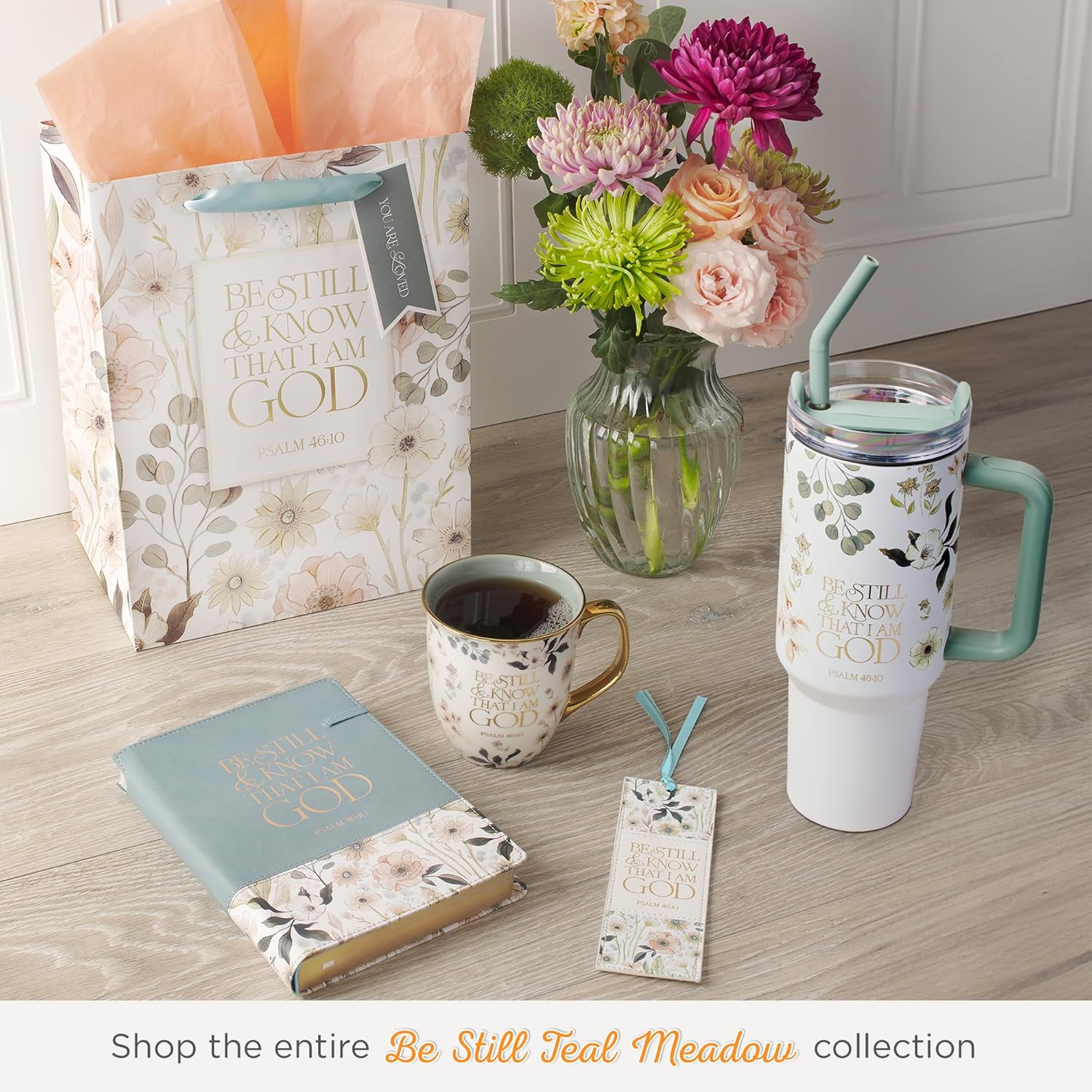 Christian Art Gifts Extra Large Stainless Steel Double Wall Vacuum Insulated Travel Tumbler for Women: Be Still Inspirational Scripture, Lid, Reusable Straw, Wide Handle, White & Teal Floral, 40 oz. - Image 8