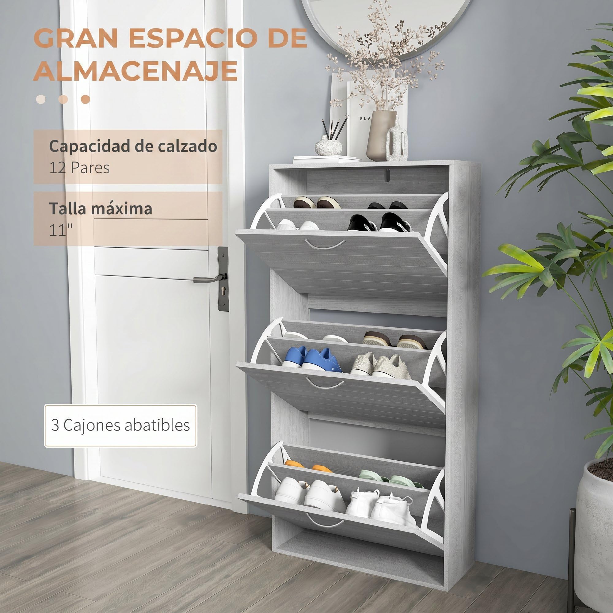 HOMCOM Zapatero Estrecho con 3 Puertas Abatibles para 12 Pares Gris | Zapatero Entrada Recibidor, Estantes Ajustables, para Pasillo, Espacios Reducidos
