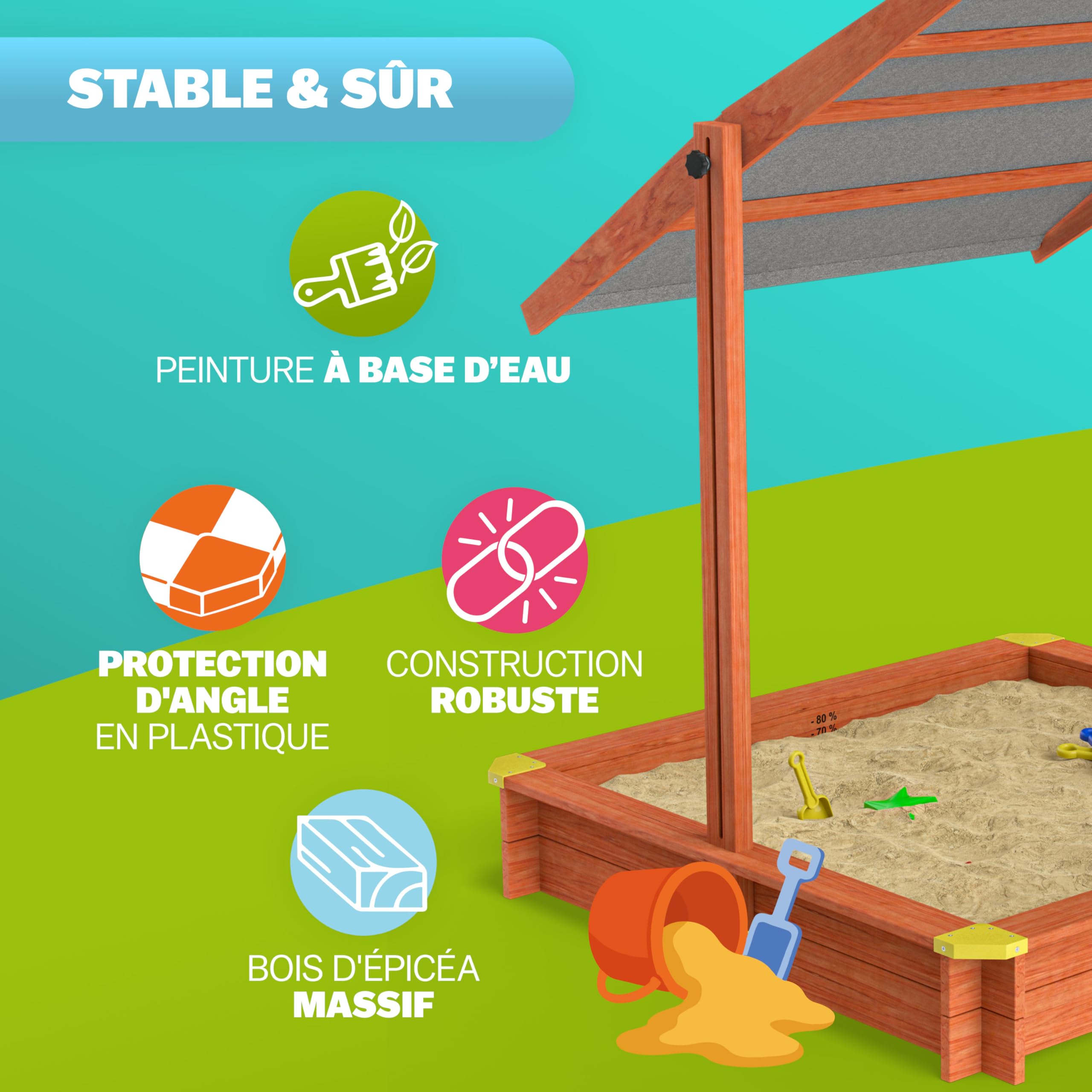 SPIELWERK® Bac à Sable en Bois Sami 120x120cm Tapis de Sol Toit réglable Protection UV 50+ Jeu pour Enfants extérieur Jardin