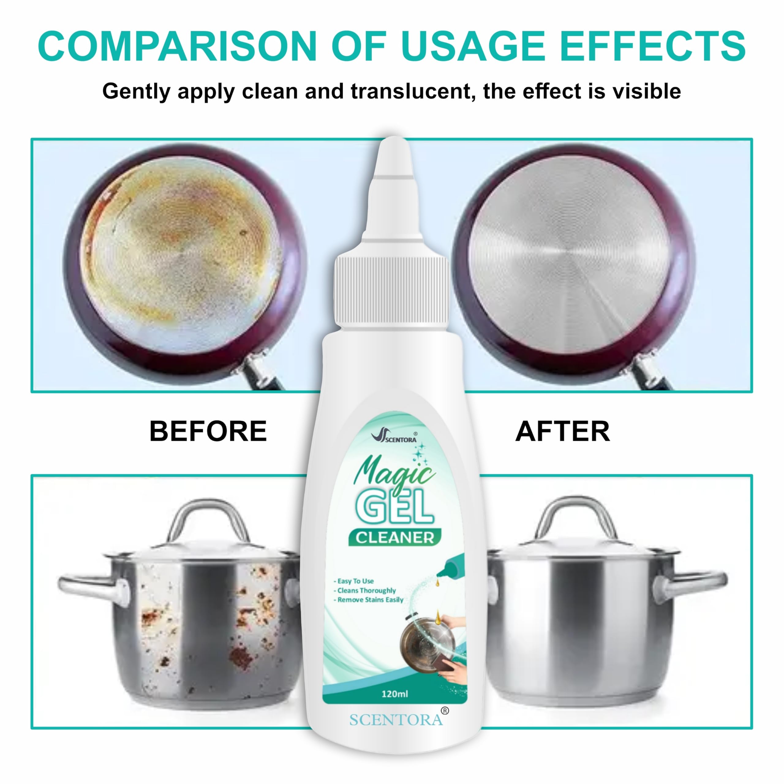 SCENTORA Magic Gel Cleaner | Strong Decontamination & Rust Remover for Pots, Pans, and Kitchen Utensils | Breaks Down Oil Stains & Restores Shine (120ml) (1) 1